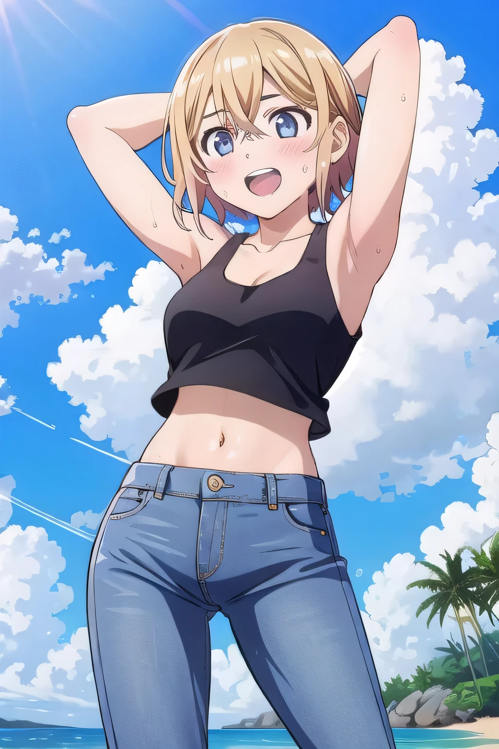 masterpiece,best quality,ultra detail, ((Perfect Face, Perfect Arms, Perfect hands, Perfect Fingers)), 1girl, , peti ((round face, ecstasy, orgasm face, drooping eyes, shame smiling, blush)), dropping eyes, sleepy, Open mouth, ((White teeth)), background((under the beach, (day:1.2), bright sky)), mami nanami, short hair, aqua eyes, blonde hair, hair between eyes, ((arms behind head, hands behind head, fingers behind head)), ((contrapposto)), spread armpits, looking at viewer,, (white tank top:1.2), (white crop top:1.2), (jeans pants:1.2, flares jeans:1.2, skinny jeans:1.2, blue jeans:1.2), standing, (legs spread:1.4), sex pose, Sweaty crotch, Steam from the crotch, from below, whole body