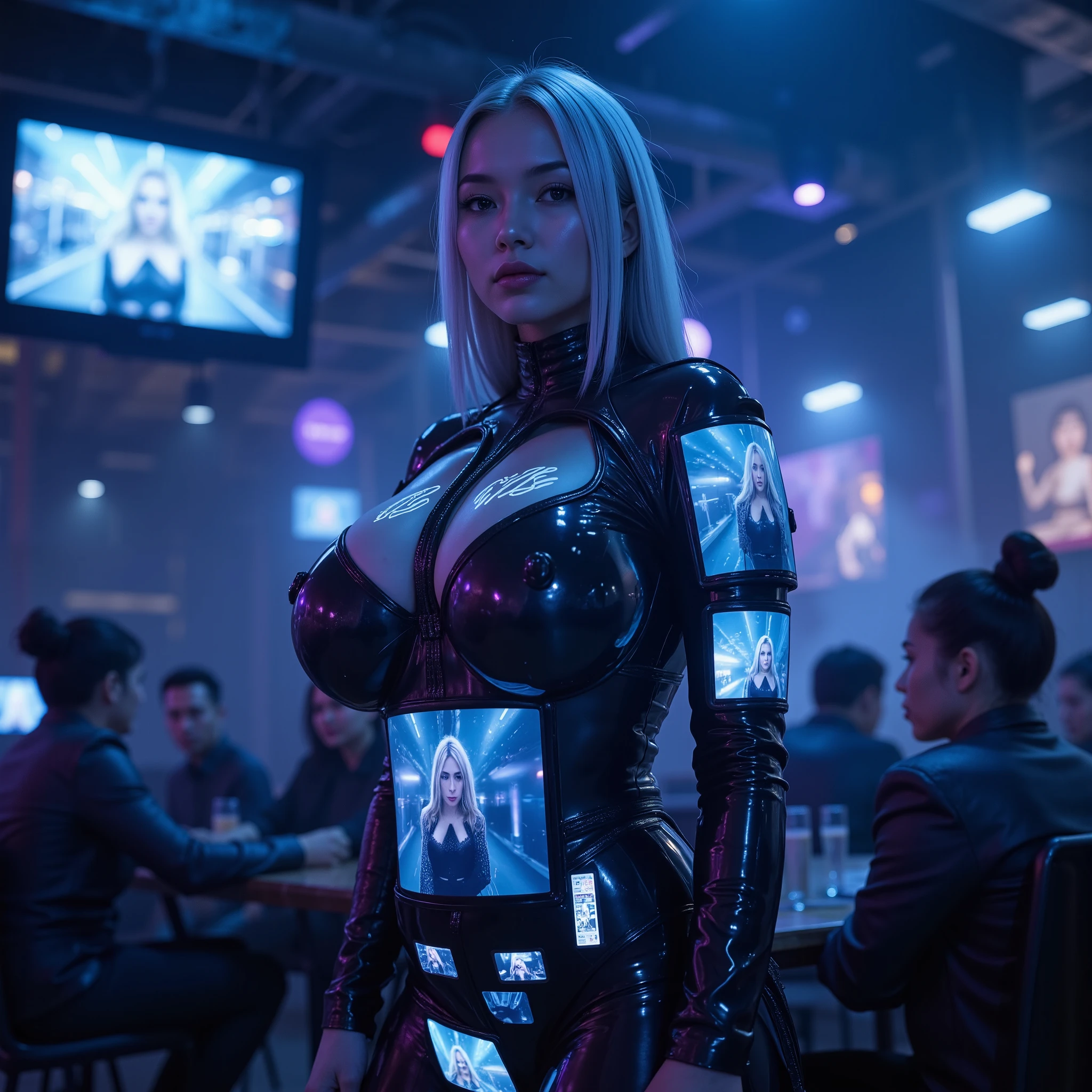 Highquality sci-fi photo, photorealistic view of (((fullbreasted))) young asian woman with a perfect strict face and futuristic look inspired by TV screens, flawless features with smooth, glowing skin, straight platinum blonde hair. ((((((Clothes made of very flat flexible futuristic TV screens, TV screens distributed across different parts of the body, displaying dark, vibrant heavy-rubber electro-bdsm and rubberbondage images that are constantly changing)))))) as avisual performance. She is standing inmidst dimly lit smoke-filled dive bar, ((((looking dominant into camera)))). (((several sexy female cyberpunks using VR-cyber-devices on their heads, wearing leather and latex, standing in shady corners or sitting also alone at tables))), their implants gleaming in the low light. tight waist, (((((enormous huge round breasts with cyber-implants completely covered by very flat felxible TV screens))))). Neon-tinged haze hanging in the air, casting an eerie blue-purple glow across the room. Holographic erotic pictures of hyper sexy female dancers flicker above the dancefloor, displaying an array of futuristic cocktails. Exposed pipes and wires crisscross the ceiling, while vintage posters and digital screens adorn the grimy walls. Steam rises from some concoctions, while others glow with bioluminescent ingredients. (((hyper detailed))), ultra sharp focus, 8k, uhd, realistic, low saturation, low contrast. avant-garde styling: The look is provocative. dystopian and technological future.