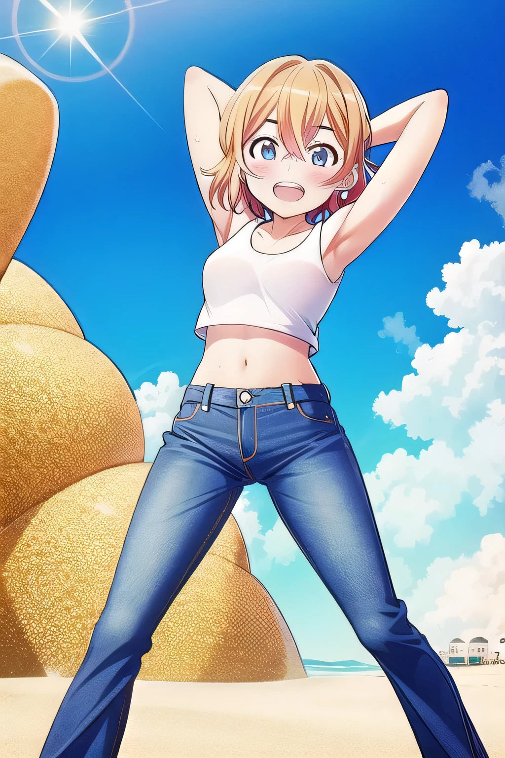 masterpiece,best quality,ultra detail, ((Perfect Face, Perfect Arms, Perfect hands, Perfect Fingers)), 1girl, , peti ((round face, ecstasy, orgasm face, drooping eyes, shame smiling, blush)), dropping eyes, sleepy, Open mouth, ((White teeth)), background((under the beach, (day:1.2), bright sky)), mami nanami, short hair, aqua eyes, blonde hair, hair between eyes, ((arms behind head, hands behind head, fingers behind head)), ((contrapposto)), spread armpits, looking at viewer,, (white tank top:1.2), (white crop top:1.2), (jeans pants:1.2, flares jeans:1.2, skinny jeans:1.2, blue jeans:1.2), standing, (legs spread:1.4), sex pose, Sweaty crotch, Steam from the crotch, from below, whole body