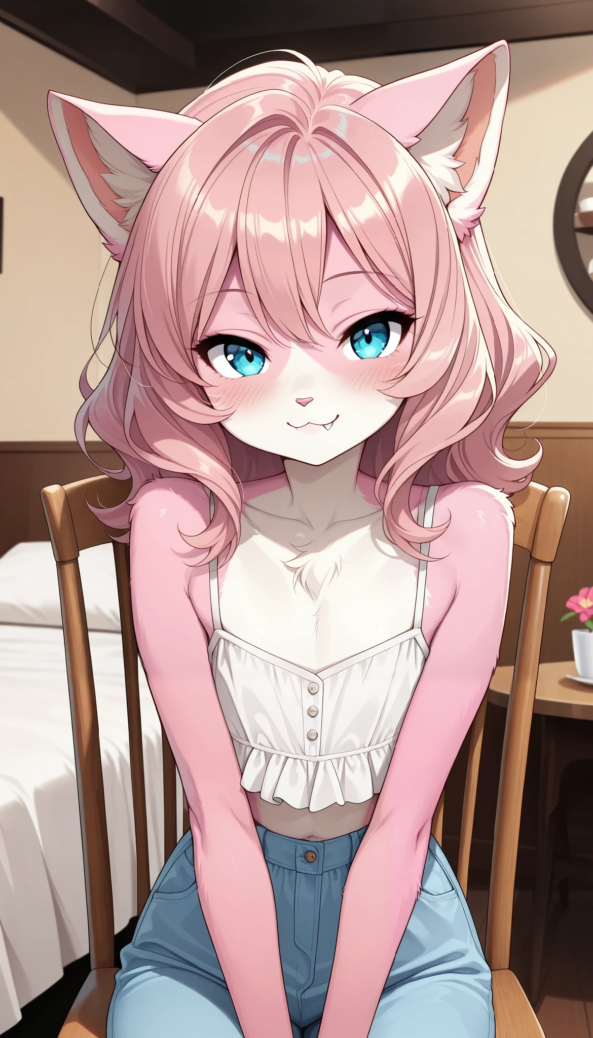 1 Beautiful Girl , cute fur , furry, Cat face, Cat girl, (Alluring, blush, tooth), Anime Style, ( flat chest), Fashion Model Body Type, (casual fashion on the bed), Extremely cute , ( bust shot, cute pose ), Cafe Background, sitting on a chair, (TOP QUALITY:1.2, very detailed, High Detailed CG Illustration, Soft Focus , masterpiece:1.2, BEST AESTHETICS),