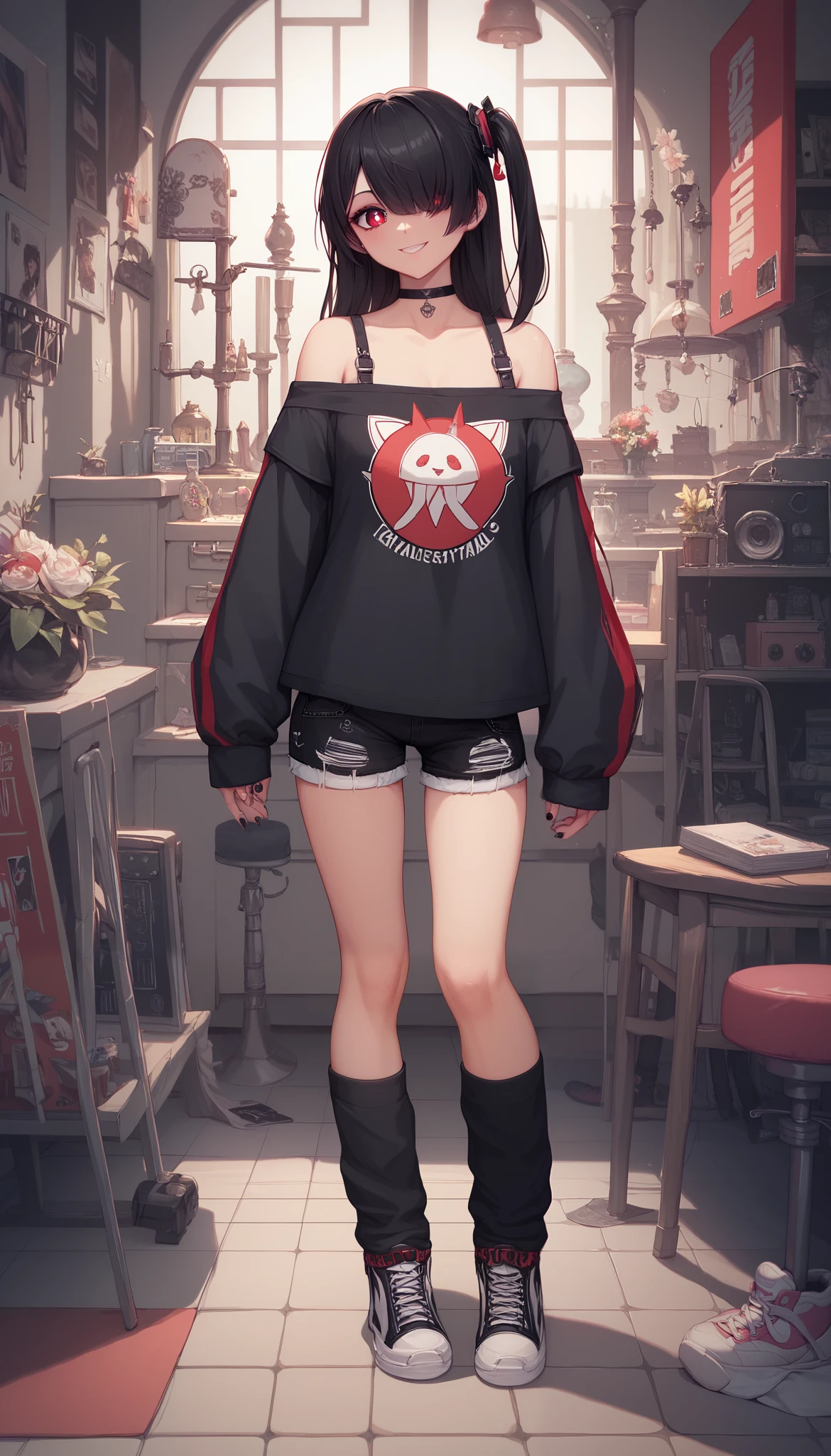 (Best Picture:1.2), (Best Quality:1.3), Masterpiece, highest quality, full body, standing, finely detail, detailed face, 1girl, ai hoshino, long hair, bangs, hair over one eye, red eyes, black hair, one-side up, symbol-shaped pupils, gothic fashion, off-shoulder top, long sleeves, shorts, leg warmers, big shoes, sneaker shoes, black choker, gothic girl, smile