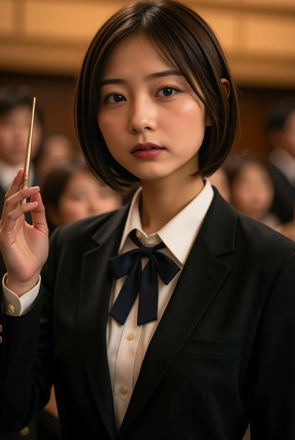 Dramatic Scenes , shadow, Global Illumination, alone, retro female student photo :1.331, realistic, Beautiful Japanese woman's face, In the concert hall:1.5, Brass Band Competition, Brass Band Big Band, She Waves Her Tact:1.331, side view :1.331, very realistic photo, super real, photorealistic, Perfect Anatomy:1.21, small head:1.21, Close your lips , Portrait of a Japanese Woman:1.21, Plain Blazer Uniform from a Famous High School in the City, Black blazer:1.331, white shirt:1.21, Black thin loop ribbon :1.331, black hair:1.21, bob cut hair:1.21, Beautiful Japanese Woman's Face with No Makeup:1.21, Detailed Iris, Sharp eyebrows:1.37, detailed face, Glowing Skin:1.21, Many Performers Blurry in the Background, Silky Screen, Hall Lighting, Dynamic, Cinematic Lighting,