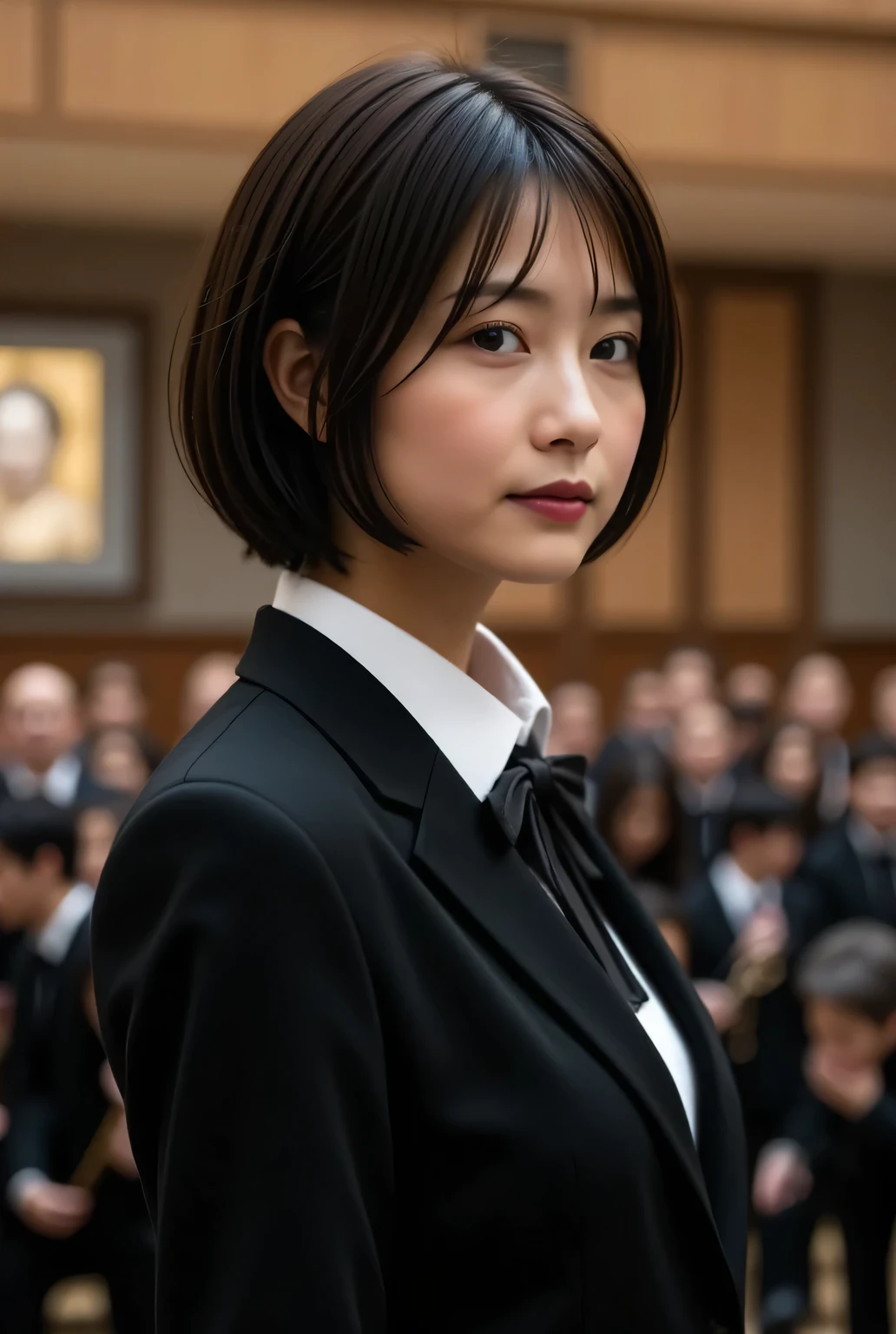 Dramatic Scenes , shadow, Global Illumination, alone, retro female student photo :1.331, above the knee shot , above the knee shot , above the knee shot , realistic, Beautiful Japanese woman's face, In the concert hall:1.5, Brass Band Competition, Brass Band Big Band, She Waves Her Tact:1.331, side view :1.331, very realistic photo, super real, photorealistic, Perfect Anatomy:1.21, small head:1.21, Close your lips , Portrait of a Japanese Woman:1.21, Plain Blazer Uniform from a Famous High School in the City, Black blazer:1.331, white shirt:1.21, Black thin loop ribbon :1.331, black hair:1.21, bob cut hair:1.21, Beautiful Japanese Woman's Face with No Makeup:1.21, Detailed Iris, Sharp eyebrows:1.37, detailed face, Glowing Skin:1.21, Facing the performer, Many Performers Blurry in the Background, Silky Screen, Hall Lighting, dynamic, cinematic lighting shines against the performer,