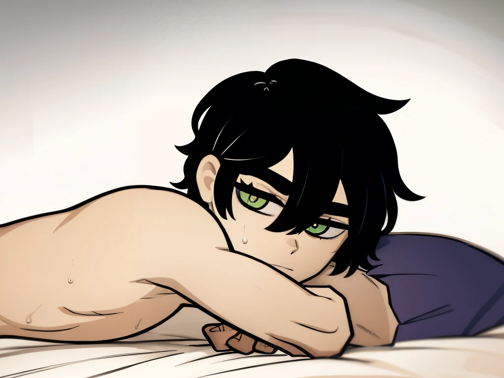 highres, monochrome,tcoaal, solo, looking at viewer, short hair, shirt, 1boy, Shota, Young boy, Young andy graves, hair between eyes, closed mouth,black hair, green eyes, Slim body, Seen from side, Lying on the bed, Hands forward, Shirtless, Without clouth, male focus, Sweat, Simple background, messy hair, bright pupils, outline, white pupils, white outline