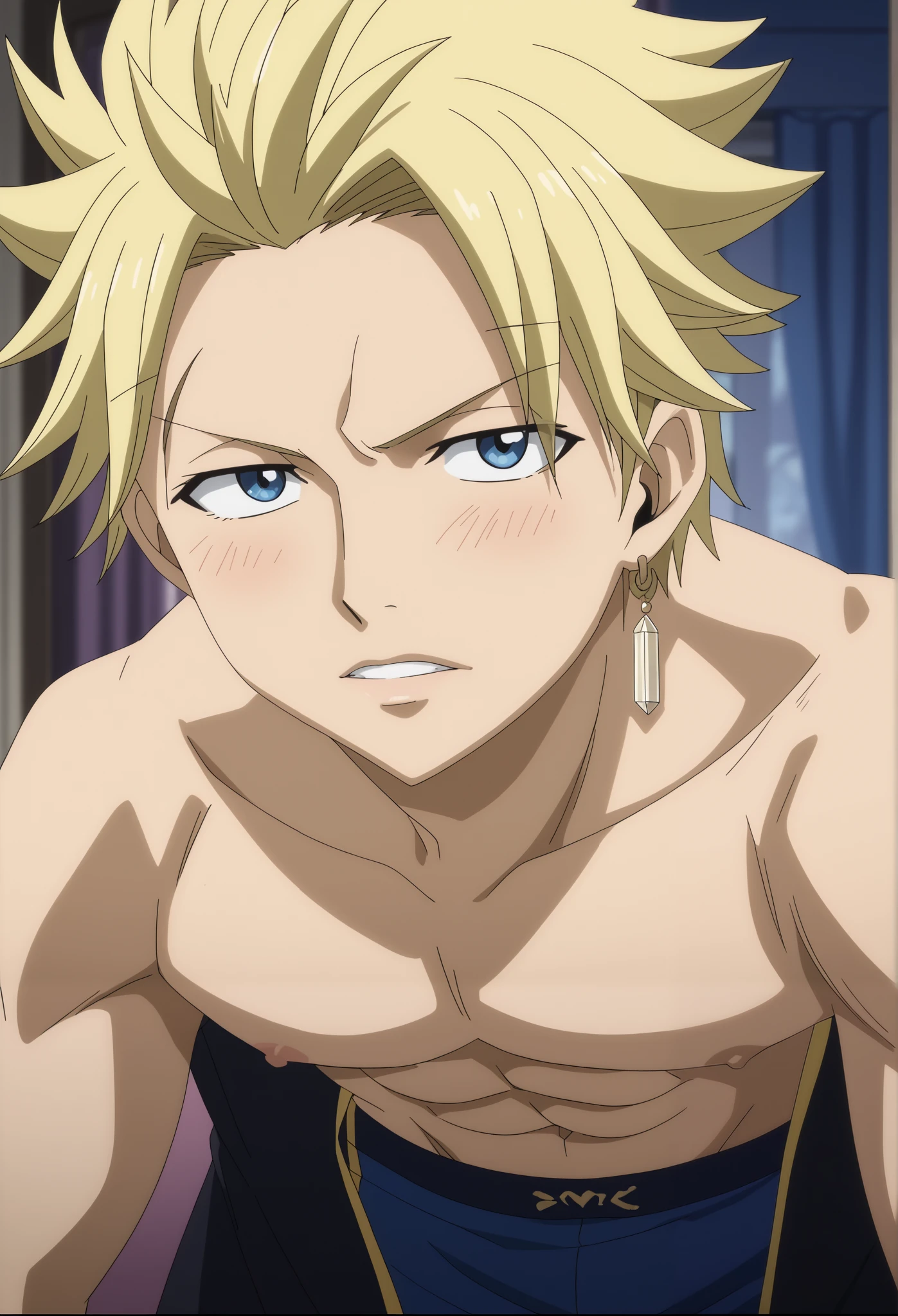front view, Frontal portrait, looking at viewer, score_9, score_8_up, score_7_up, source_anime, StingFT, Sting blonde hair, light yellow Sting, 1boy, male focus, anime screencap, in blue boxer men's underwear, naked torso, bedroom, official style, intricate details, open silk black robe, detailed face, front view, Frontal portrait, looking at viewer, background with soft shadows, soft blue lighting highlighting his features, high-quality anime details, vivid colors, official style, medium close-up