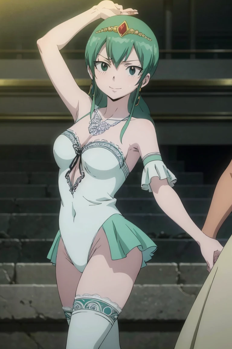 aqua hair, medium hair, blue eyes,photorealistic, high resolution, soft light,1women, solo, hips up, shining skin, (detailed face), strapless leotard, pantyhose, rabbit ears, folded ponytail, putple hair, necktie, wrist cuffs (wearing a satin corset and thigh highs), jewelry, tattoo