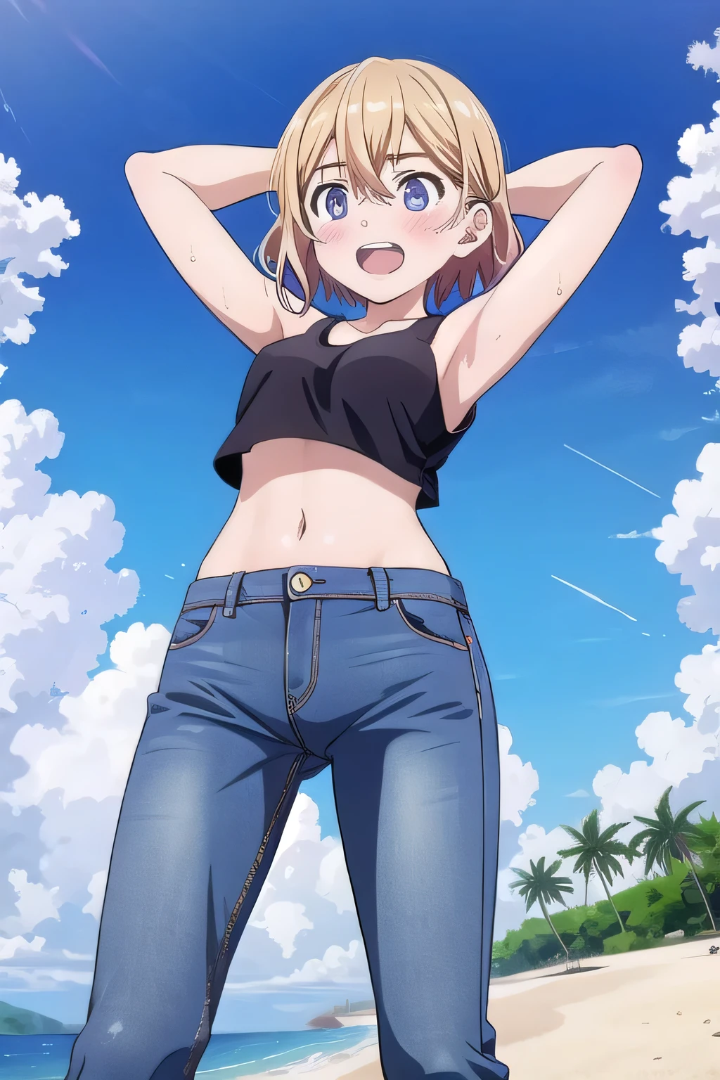 masterpiece,best quality,ultra detail, ((Perfect Face, Perfect Arms, Perfect hands, Perfect Fingers)), 1girl, , peti ((round face, ecstasy, orgasm face, drooping eyes, shame smiling, blush)), dropping eyes, sleepy, Open mouth, ((White teeth)), background((under the beach, (day:1.2), bright sky)), mami nanami, short hair, aqua eyes, blonde hair, hair between eyes, ((arms behind head, hands behind head, fingers behind head)), ((contrapposto)), spread armpits, looking at viewer,, (white tank top:1.2), (white crop top:1.2), (jeans pants:1.2, flares jeans:1.2, skinny jeans:1.2, blue jeans:1.2), standing, (legs spread:1.4), sex pose, Sweaty crotch, Steam from the crotch, from below, whole body