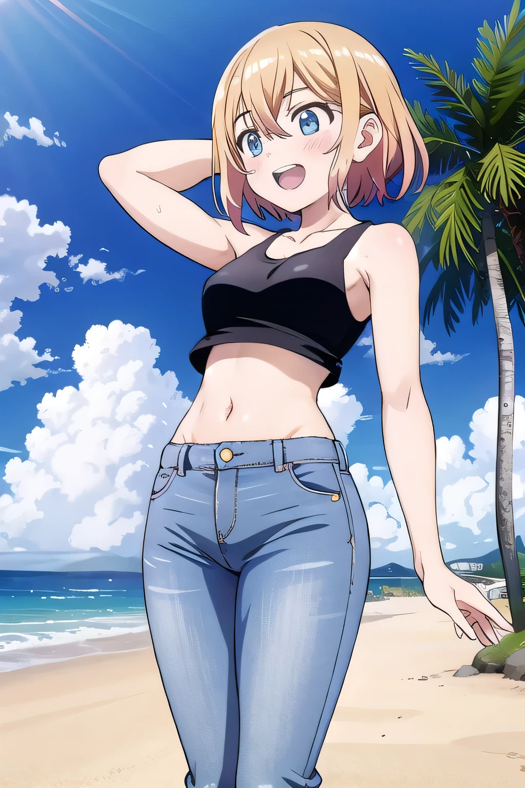 masterpiece,best quality,ultra detail, ((Perfect Face, Perfect Arms, Perfect hands, Perfect Fingers)), 1girl, , peti ((round face, ecstasy, orgasm face, drooping eyes, shame smiling, blush)), dropping eyes, sleepy, Open mouth, ((White teeth)), background((under the beach, (day:1.2), bright sky)), mami nanami, short hair, aqua eyes, blonde hair, hair between eyes, ((arms behind head, hands behind head, fingers behind head)), ((contrapposto)), spread armpits, looking at viewer,, (white tank top:1.2), (white crop top:1.2), (jeans pants:1.2, flares jeans:1.2, skinny jeans:1.2, blue jeans:1.2), standing, (legs spread:1.4), sex pose, Sweaty crotch, Steam from the crotch, from below, whole body