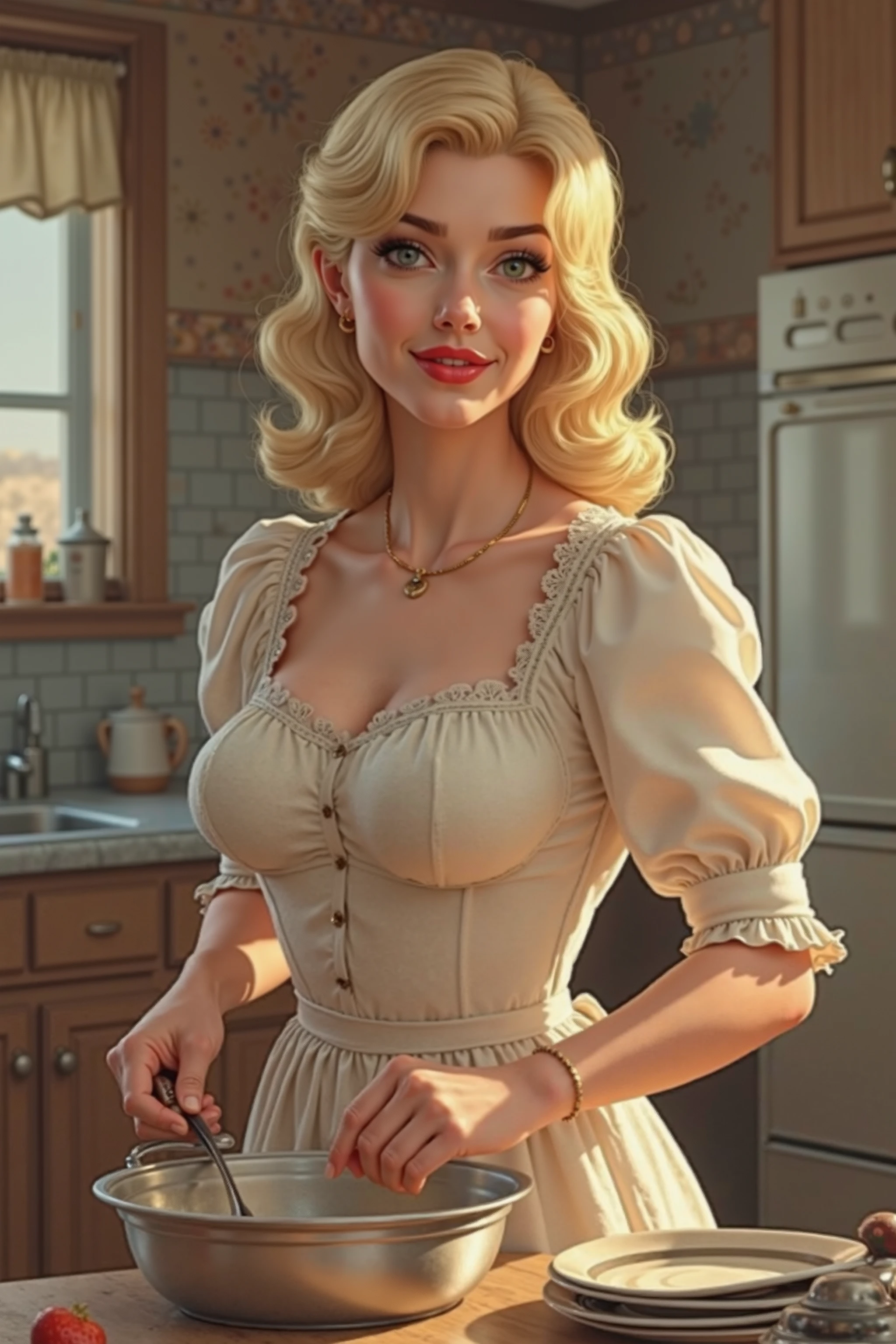 cute blond german maid full body photography, photorealistic modern, in the style of , Artstation Deviant art Pinterest Cgsociety Behance Pixiv, sunlight, ((victorian maid outfit)), very huge boobs, cleavage, thick tighs, kitchen background, young face, smooth and pale skin, (marylin monroe haircut), blue eyes, intricate scenery HDR post-processing 4k cinematic fine details very detailed trending on artstation
