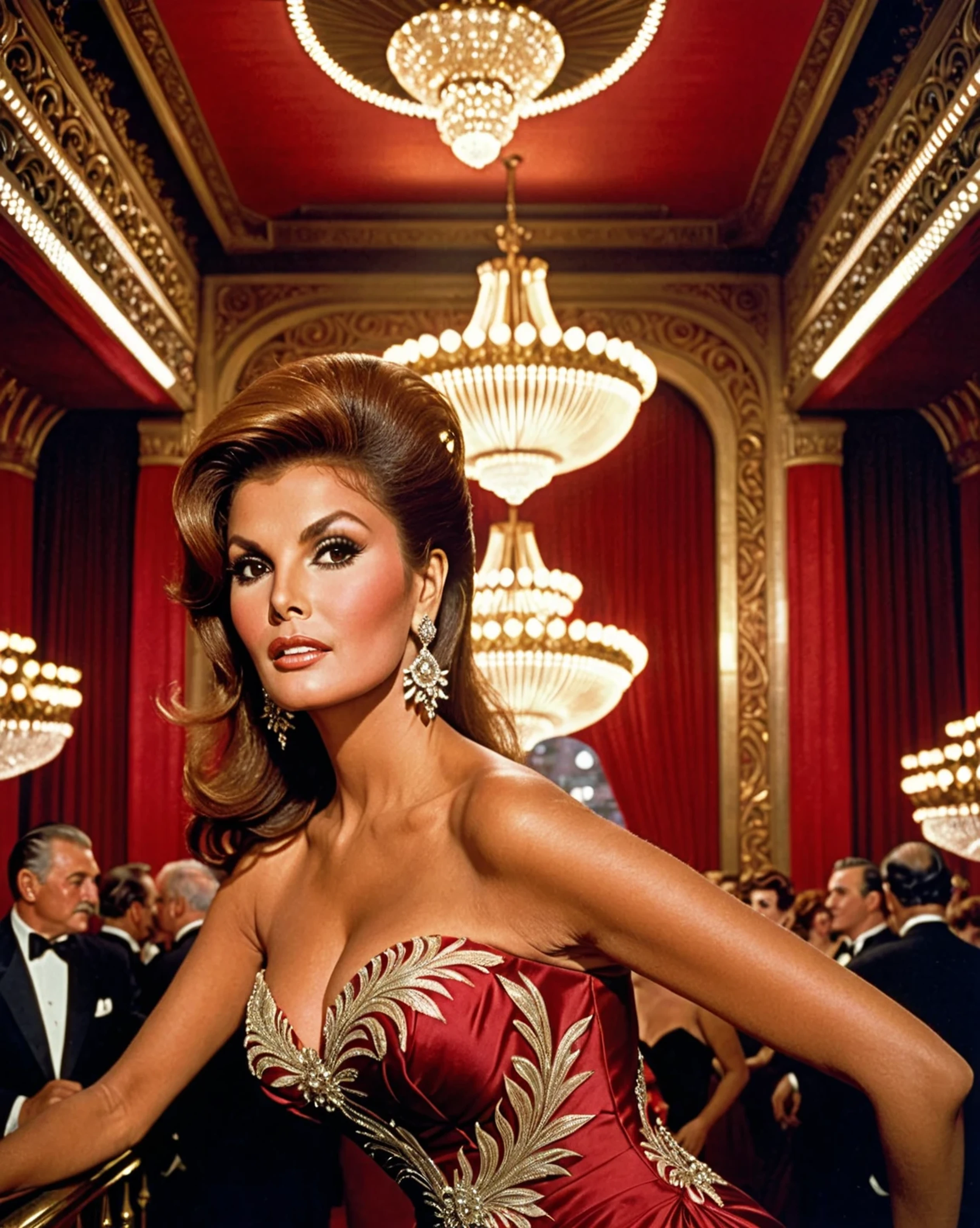 Raquel Welch, 1girl, Solo, Looking at viewer, formal bouffant hairstyle, Hair Ornament, Parted Lips, From Side, wearing a luxurious red evening gown, Backlighting, Art Deco, Impressionism, background is a lavish opera house