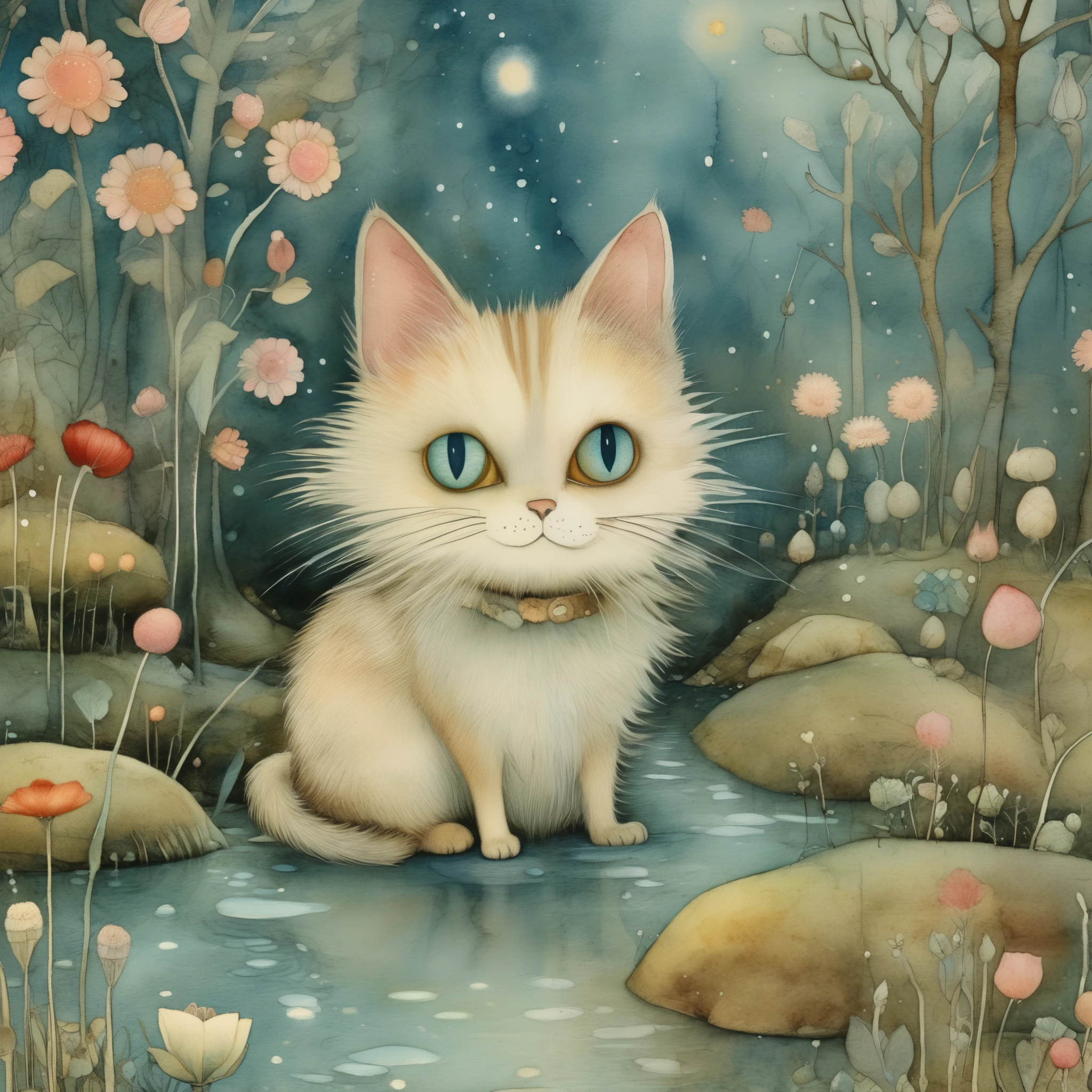 Strange Cat in Wonderland, plush chibi style, super surreal, big googly eyes cat, stick figure anthropomorphic cat, Paul Klee, Jean Baptiste Monge, Arthur Rackham, Brian Fraud matte painting, Wren's picture book style, unique,. Masterpiece, super detail, soft focus, pastel colors, watercolor style, undated, 8K resolution, high detail, dream story, early spring blooming garden, sparkling stream, solar flare.