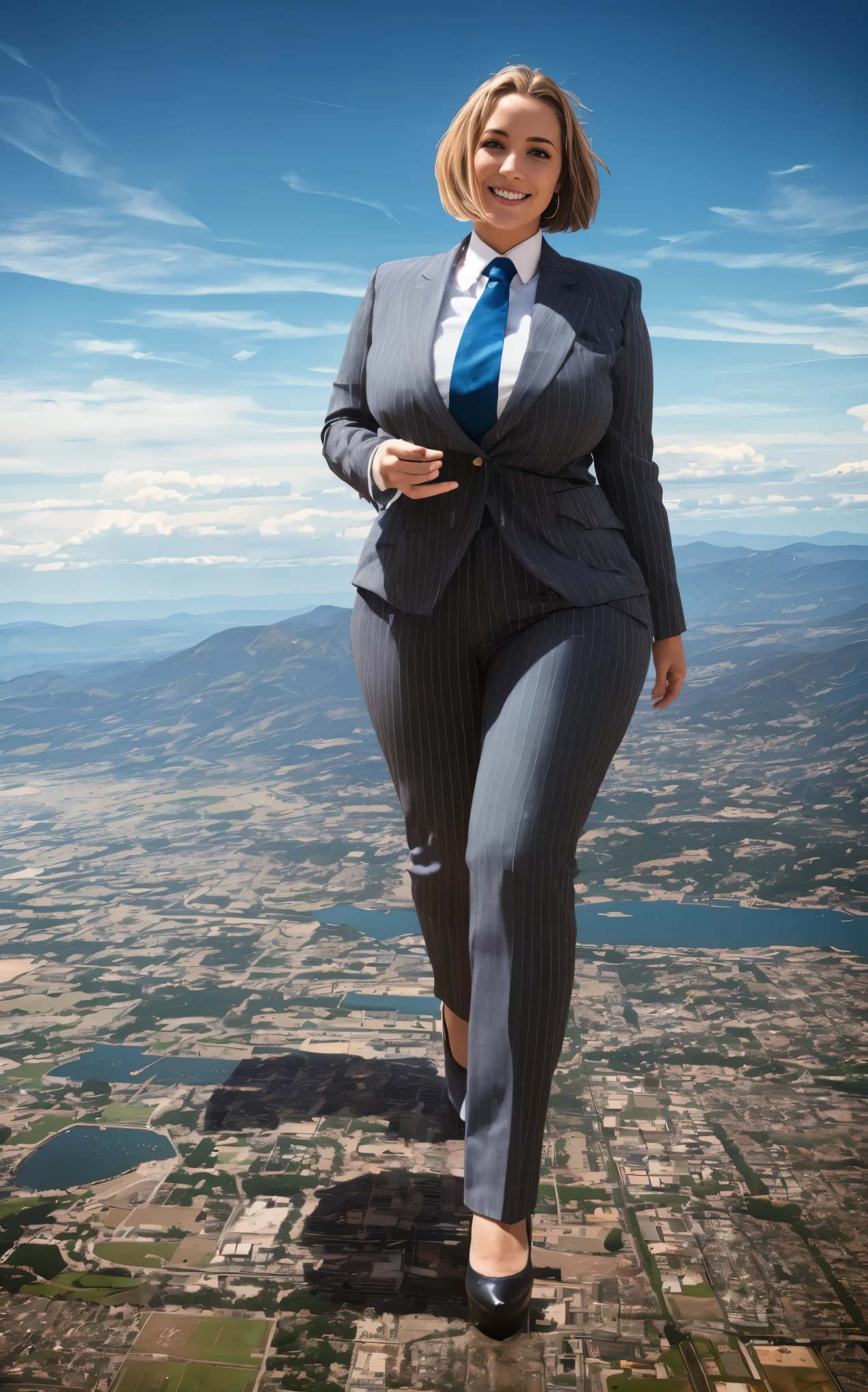 100 km tall giga giantic, curvy young lady with a beautiful smile, bigger than a giant city, curvaceous figure, massive beast, and very short blonde hair, with a curvaceous figure and massive natural breasts. wearing a tailored italian light grey pinstriped trouser suit, white college shirt and very massive blue triangular windsor knot wide tie, and rounded platform high heels with uncovered feet, walking on top of a planat facing the forwards with a path of destruction and heel prints behing them, with a cityscape background of mega-city, urban sprawl, and small towns, giant montains, partially obscured by a hazy, cloudy atmosphere. The image is a high-resolution, masterpiece-quality, cinematic, ultra-detailed, and hyper-photorealistic photograph, with perfect hands, face, and lighting. ultra-detailed, 8K, photo-realistic, hyper-realistic, masterpiece, intricate details, full body view. Looking at camera, The image is a high-resolution, masterpiece-quality, cinematic, ultra-detailed, and hyper-photorealistic photograph, with perfect hands, face, and lighting. ultra-detailed, 8K, photo-realistic, hyper-realistic, masterpiece, intricate details, view from below