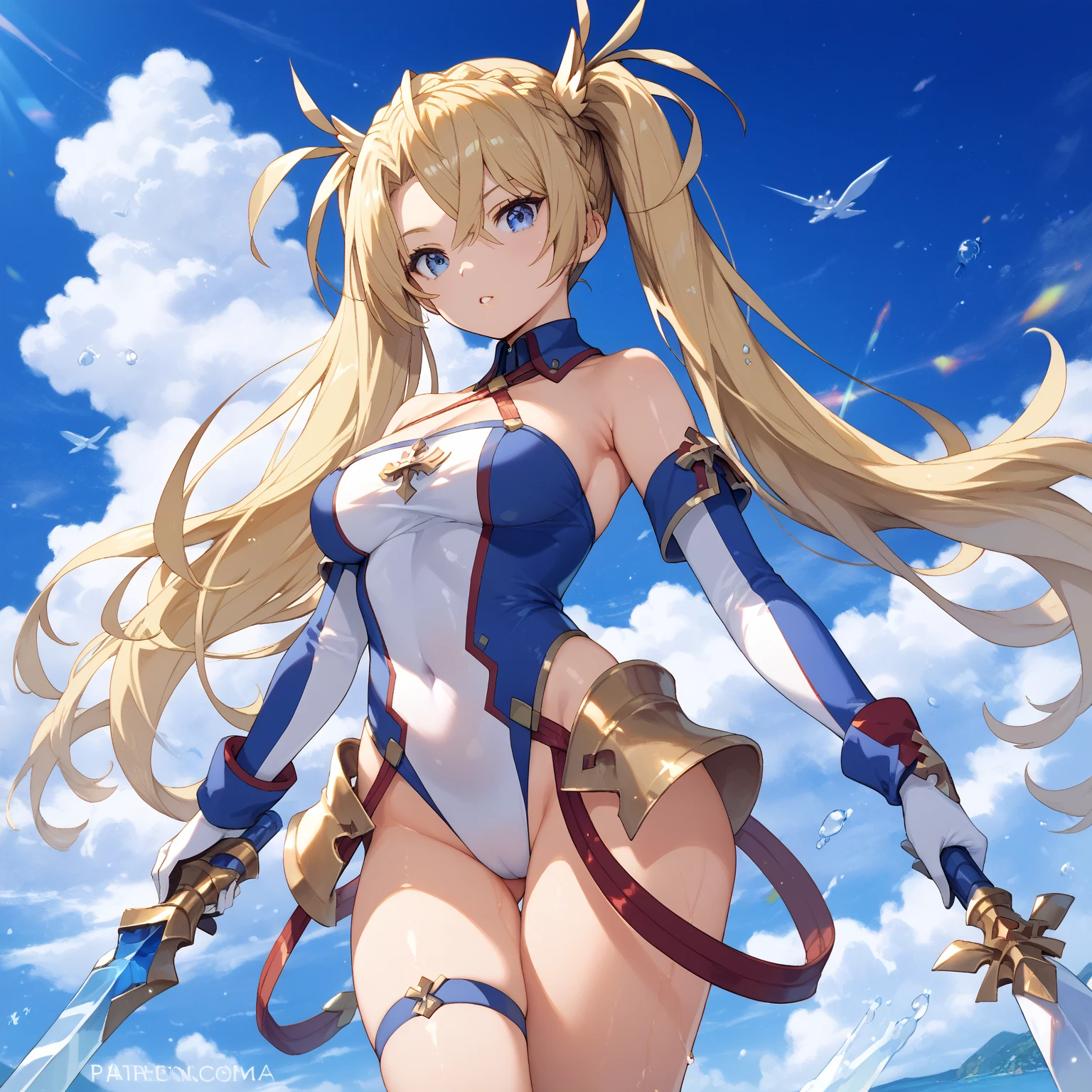 (masterpiece、highest quality:1.2), alone, 1 girl, cecilia alcott, (glowing skin、wet skin:1.2), laughter, see the beholder, blonde,drill hair, Blue Hair Band, Pink leotard、High leg, from behind, right behind ,Are standing,butt focus,spread legs,(leaning forward:1.3),camel toe,big ass