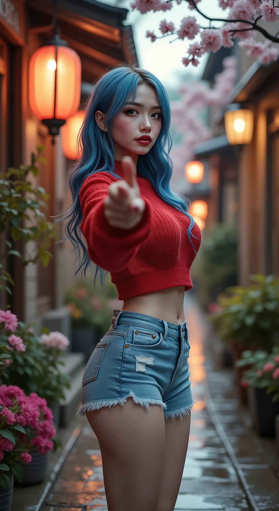  [Style: "Photorealistic, cinematic, cyberpunk"](Key Directive: "Ultra-sharp human eyes with biological accuracy"){ Character: "20-year-old Caucasian woman" | Face: - "symmetrical pale skin (subsurface scattering:1.3), full lips (vertical lip wrinkles:0.7)" - "Eyes: (acid-resistant terminology) (macro-details:1.6): Moist corneal surface (visible aqueous layer:1.0) (Hyper-detailed iris, super sharp clarity ((brown)) with gold flecks) Precise limbal ring (slightly darker pigmentation:1.5) ((Pupil micro-texture (irregular edge authenticity:1.5)))" | Technical Specs: (Optics: - "Zeiss Otus85mm f/1.4 lens)" - "Shutter Speed:1/500 (freeze eye micro-movements)") (Post-Processing: "Selective sharpening: (eyes200%, hair80%") - "Denoise: luminance 80, color 40 (retain corneal specular)") | Hair: "neck-length blue curly (setting light reflections: 0.5)" | Pose: "dynamic side position" - "hand is stretched out towards the viewer (inviting hand gesture)" Outfit: [Top: "red long-sleeved sweater (a bold, feminine, elaborately detailed: 0.75)"] [Bottom: "short denim shorts ((tight, smooth))"] Environment: "garden street at sunset (((rain-slick cobblestones), colorful flowers, cherry blossoms))" | Lighting: - "Cinematic clarity and global illumination") Technical Specs: (DOF: "shallow, f/1.8, blurred crowd in background") (Post-Processing: "Specifications: (DPF: "deep, f/1.8, distinct garden in the background") (Post-production: "chromatic aberration: 0.7") (Rendering engine: "Unreal Engine 5 path tracing, 16K texture maps") }