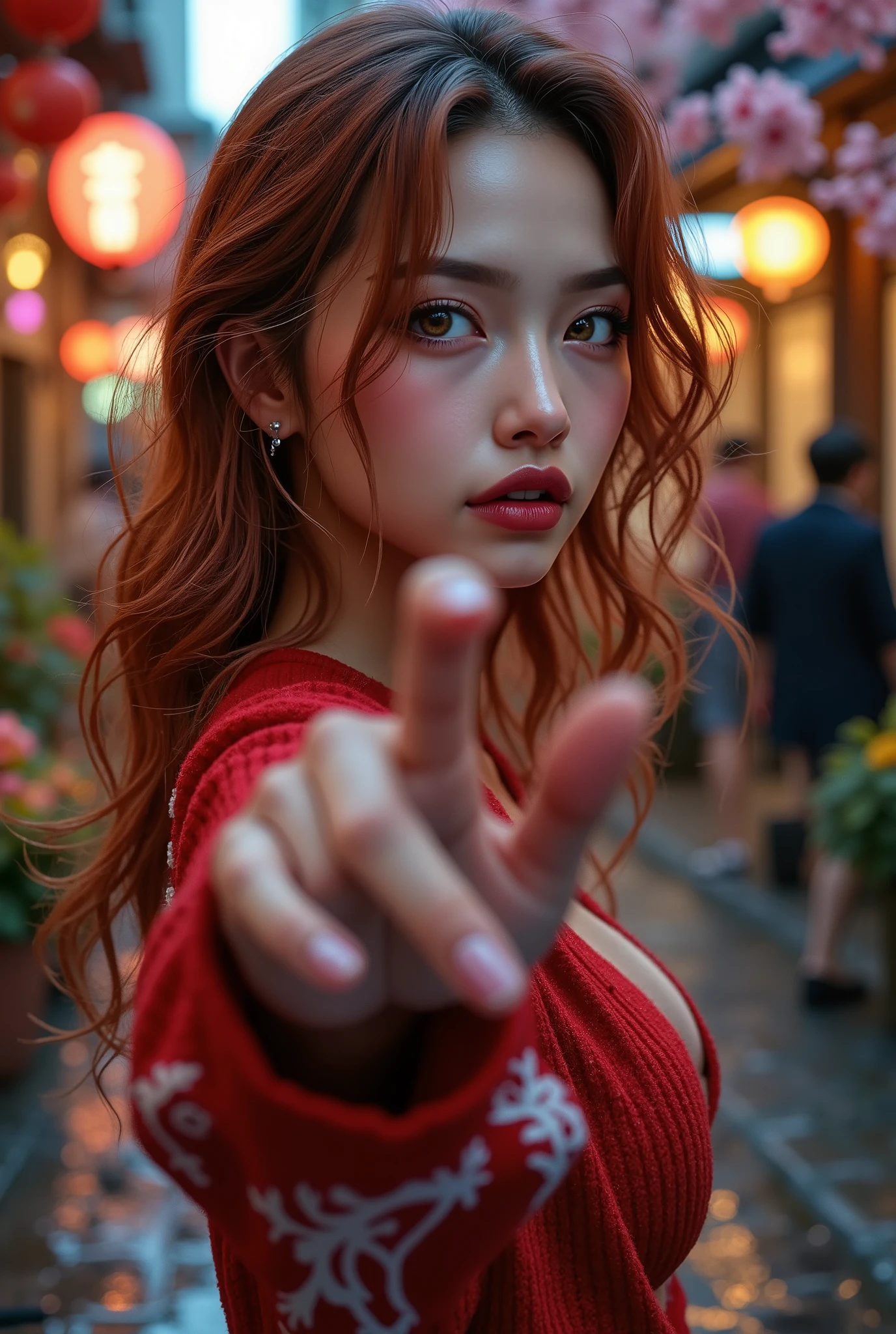 [Style: "Photorealistic, cinematic, cyberpunk"](Key Directive: "Ultra-sharp human eyes with biological accuracy"){ Character: "20-year-old Caucasian woman" | Face: - "symmetrical pale skin (subsurface scattering:1.3), full lips (vertical lip wrinkles:0.7)" - "Eyes: (acid-resistant terminology) (macro-details:1.6): Moist corneal surface (visible aqueous layer:1.0) (Hyper-detailed iris, super sharp clarity ((brown)) with gold flecks) Precise limbal ring (slightly darker pigmentation:1.5) ((Pupil micro-texture (irregular edge authenticity:1.5)))" | Technical Specs: (Optics: - "Zeiss Otus85mm f/1.4 lens)" - "Shutter Speed:1/500 (freeze eye micro-movements)") (Post-Processing: "Selective sharpening: (eyes200%, hair80%") - "Denoise: luminance 80, color 40 (retain corneal specular)") | Hair: "waist-length red curly (setting light reflections: 0.5)" | Pose: "dynamic side position" - "hand is stretched out towards the viewer (inviting hand gesture)" Outfit: [Top: "red long-sleeved sweater (a bold, feminine, elaborately detailed: 0.75)"] [Bottom: "short denim shorts ((tight, smooth))"] Environment: "garden street at sunset (((rain-slick cobblestones), colorful flowers, cherry blossoms))" | Lighting: - "Cinematic clarity and global illumination") Technical Specs: (DOF: "shallow, f/1.8, blurred crowd in background") (Post-Processing: "Specifications: (DPF: "deep, f/1.8, distinct garden in the background") (Post-production: "chromatic aberration: 0.7") (Rendering engine: "Unreal Engine 5 path tracing, 16K texture maps") }