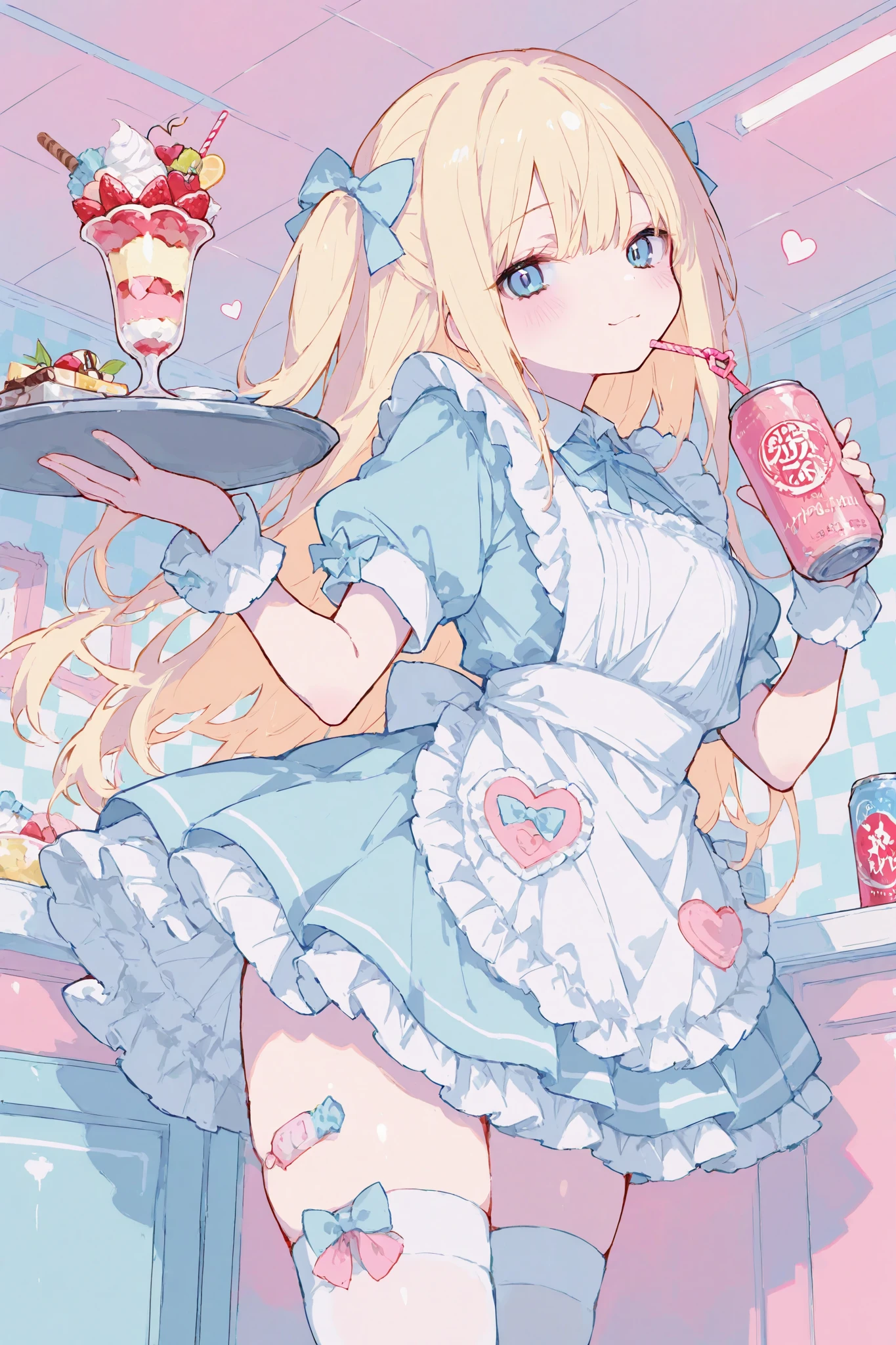illustration, best quality, dramatic lighting,aiu,r17329_illu,usnr,masterpiece, best quality, 8k, highres, ultra-detailed,HDR, UHD, illustration, best quality,
,1girl, long blonde hair, blue eyes, hair bow, cute maid outfit, frilly dress, apron, thigh-high socks, ribbons, holding drink, soda can, heart-shaped straw, holding tray, parfait, whipped cream, pastel colors, candy-themed accessories, bandage on thigh, cheerful expression, indoors, checkered wallpaper, soft lighting, kawaii aesthetic