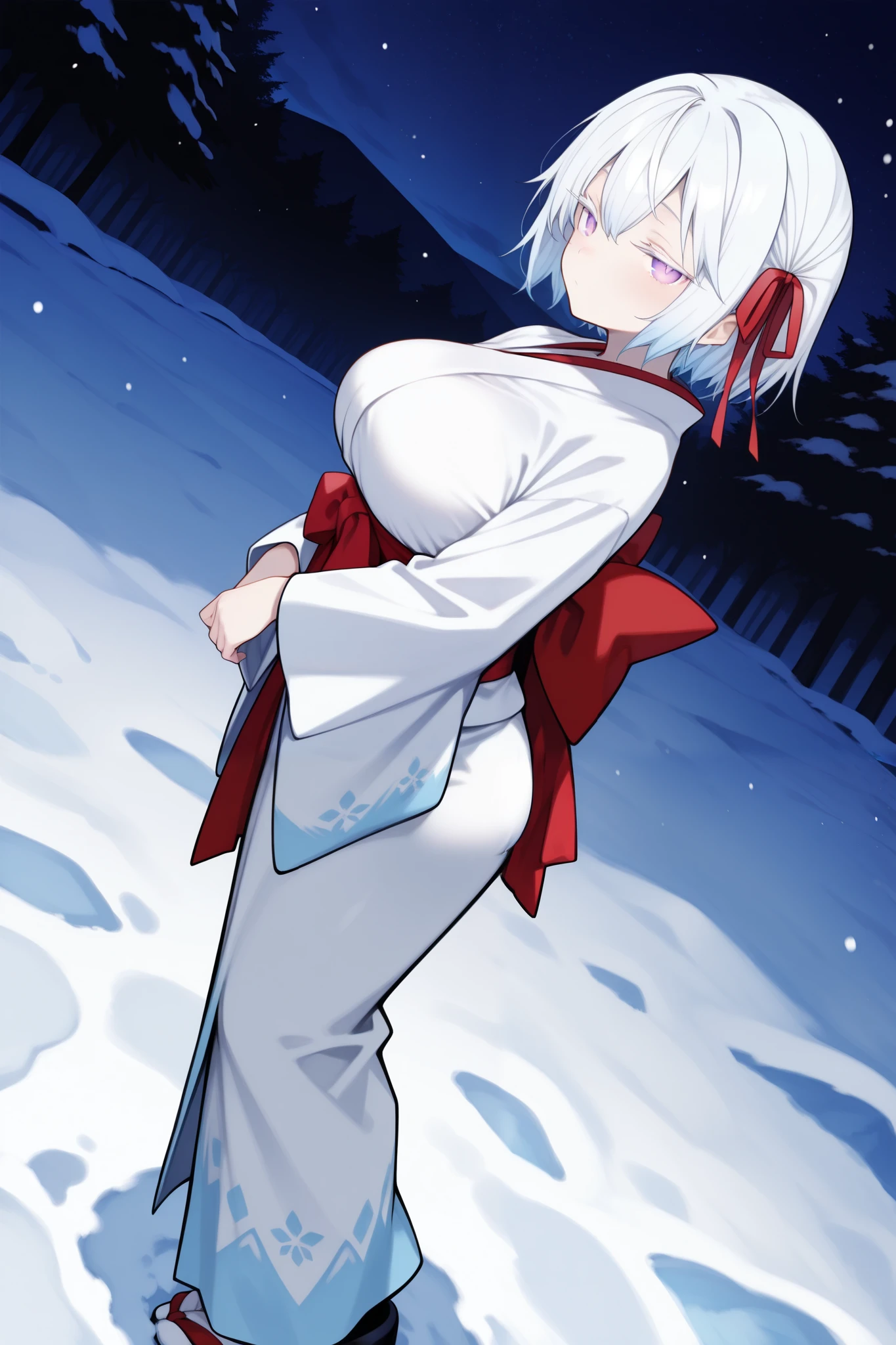 score_9, score_8_up, score_7_up, snow field, night, full body, dutch angle, from side, (solo, 1girl, yuki onna, white hair, short hair, habitual hair, one right side hair ribbon, red ribbon, purple eyes), large breasts, petite, (white kimono), standing, cute face, slightly narrowed eyes, (((white pupil))), white eyelashes, lower eyelashes, closed mouth