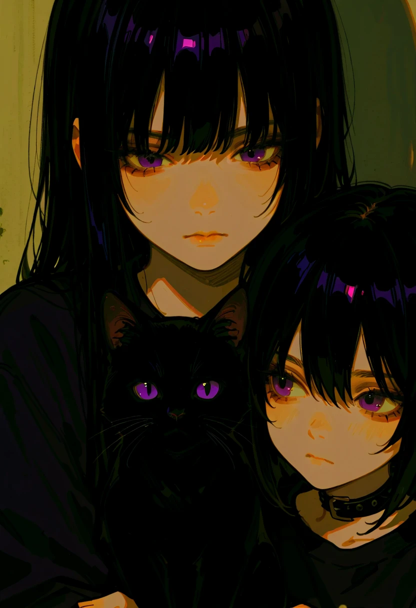 Anime girl with long black hair and purple eyes holding a black cat, young girls,young age girl,Emo girl and her , Portrait of goth cat and girl, Digital illustration style, in the art style of bowater, style of anime, Anime style illustration,serious expressions