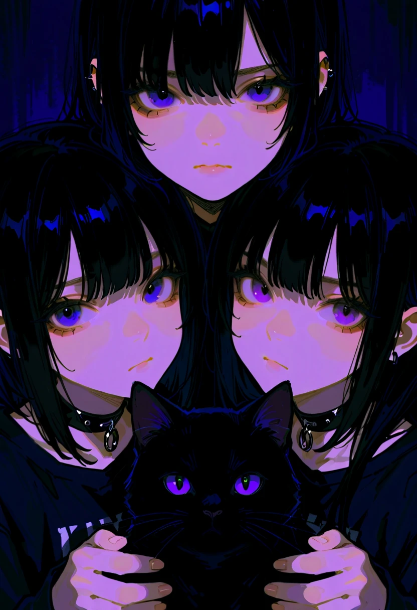 Anime girl with long black hair and purple eyes holding a black cat, young girls,young age girl,Emo girl and her , Portrait of goth cat and girl, Digital illustration style, in the art style of bowater, style of anime, Anime style illustration,serious expressions