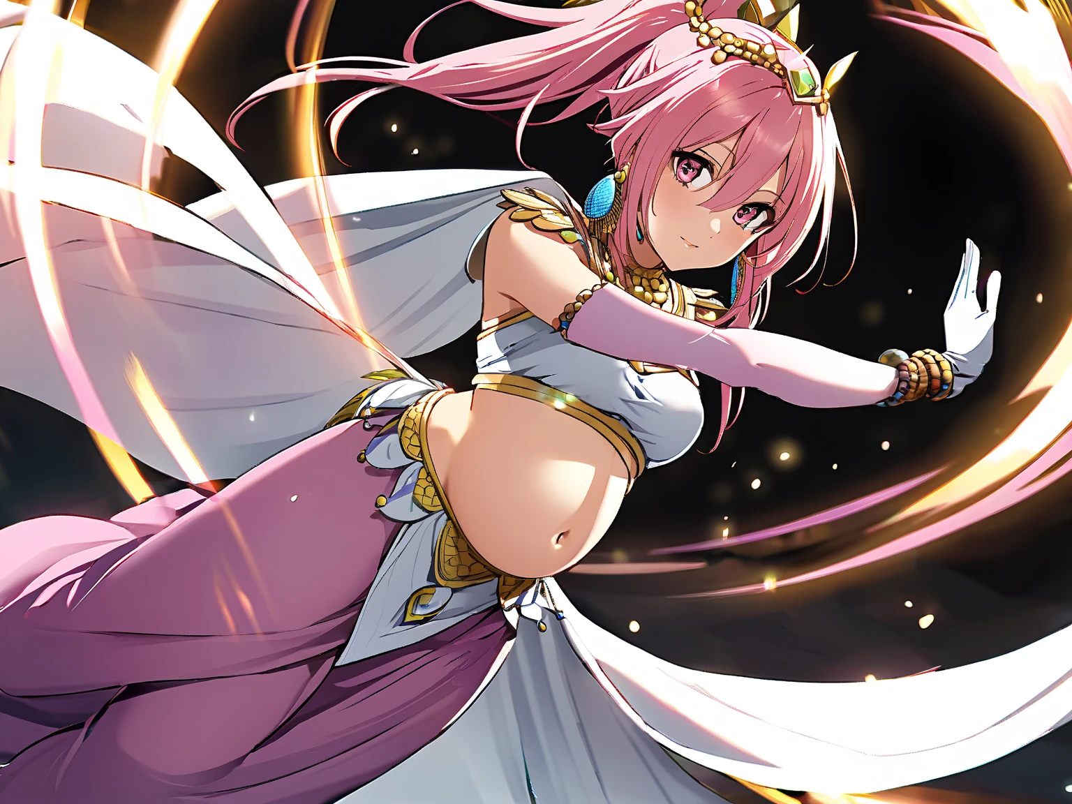 A smug harem girl with massive oppai wearing a golden bra and pink puffy pants in a sexy pudica pose she is clearly a favorite among the narcissistic genie woman's harem of sexy lesser genie ladies she's just as narcissistic as her master but more sexually oriented thus being her master's favorite toy