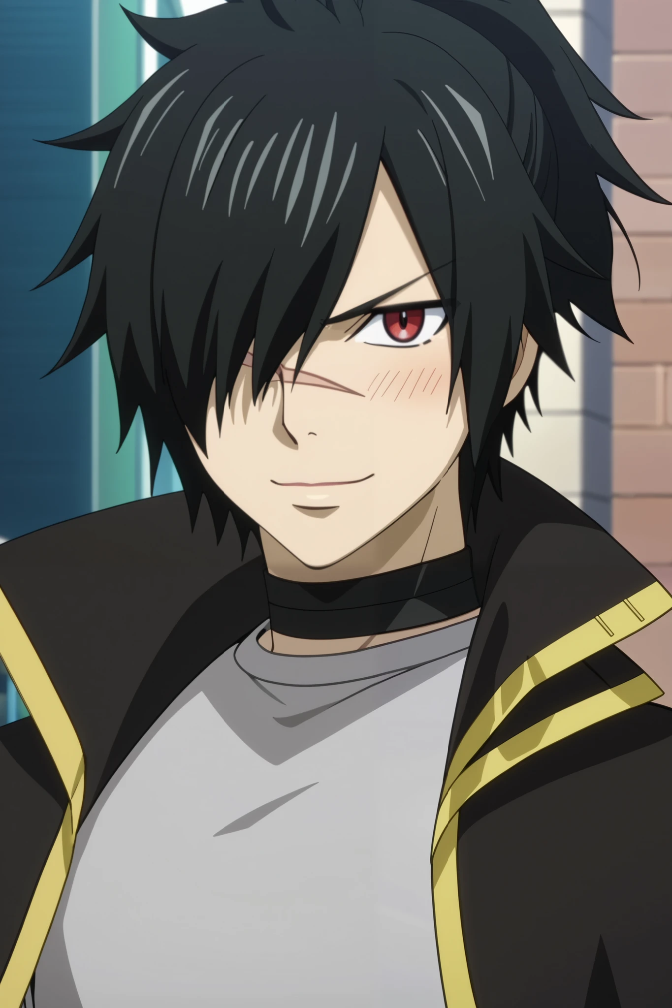 score_9, score_8_up, score_7_up, source_anime, rating_safe, intricate details, anime screencap, 1boy, solo, male focus, rogue_cheney, black hair, red eyes, ponytail, hair over one eye, scar, tattoo, close-up, happy, a light gray sleeveless shirt, tight to the body, with dark details and a black choker at the neck. He wears dark, tight-fitting pants tucked into long boots. On top, sports a light cape that falls to her hips, adding a mysterious touch, long leather gloves, (cute boy expression, closed-mouth smile, relaxed eyebrows, blush, official style)