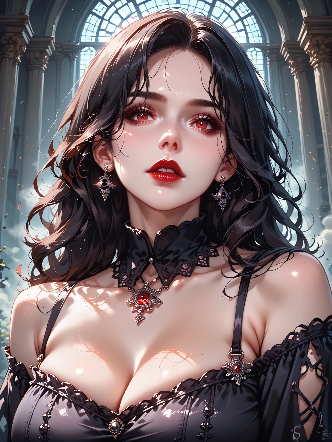 a glamour picture shot, of an elite vampire model, walking on a (dark catwalk: 1.2), an extraordinary glamourous elite female vampire model, ((full body: 1.5)),  ((anatomically correct: 1.5), (ultra detailed face: 1.2), best detailed face, black hair, long hair, lush hair, glam hair cut, red eyes, delicate face, light make up, wearing intricate white detailed dress, glamour dress, haute couture dress, elite fashion dress, white dress, decorated with diamonds,  small cleavage, wearing high heels, elegant high heels, she wears diamond necklace, elite fashion show background, vibrant, Hyperrealism style, vibrant, Ultra-high resolution, High Contrast, (masterpiece:1.5), highest quality, Best aesthetics), best details, best quality, highres, ultra wide angle, 16k, [ultra detailed], masterpiece, best quality, (extremely detailed) RAW, chumbasket art style, rpg portrait, photograph, BloodSoakedAI, vampire teeth