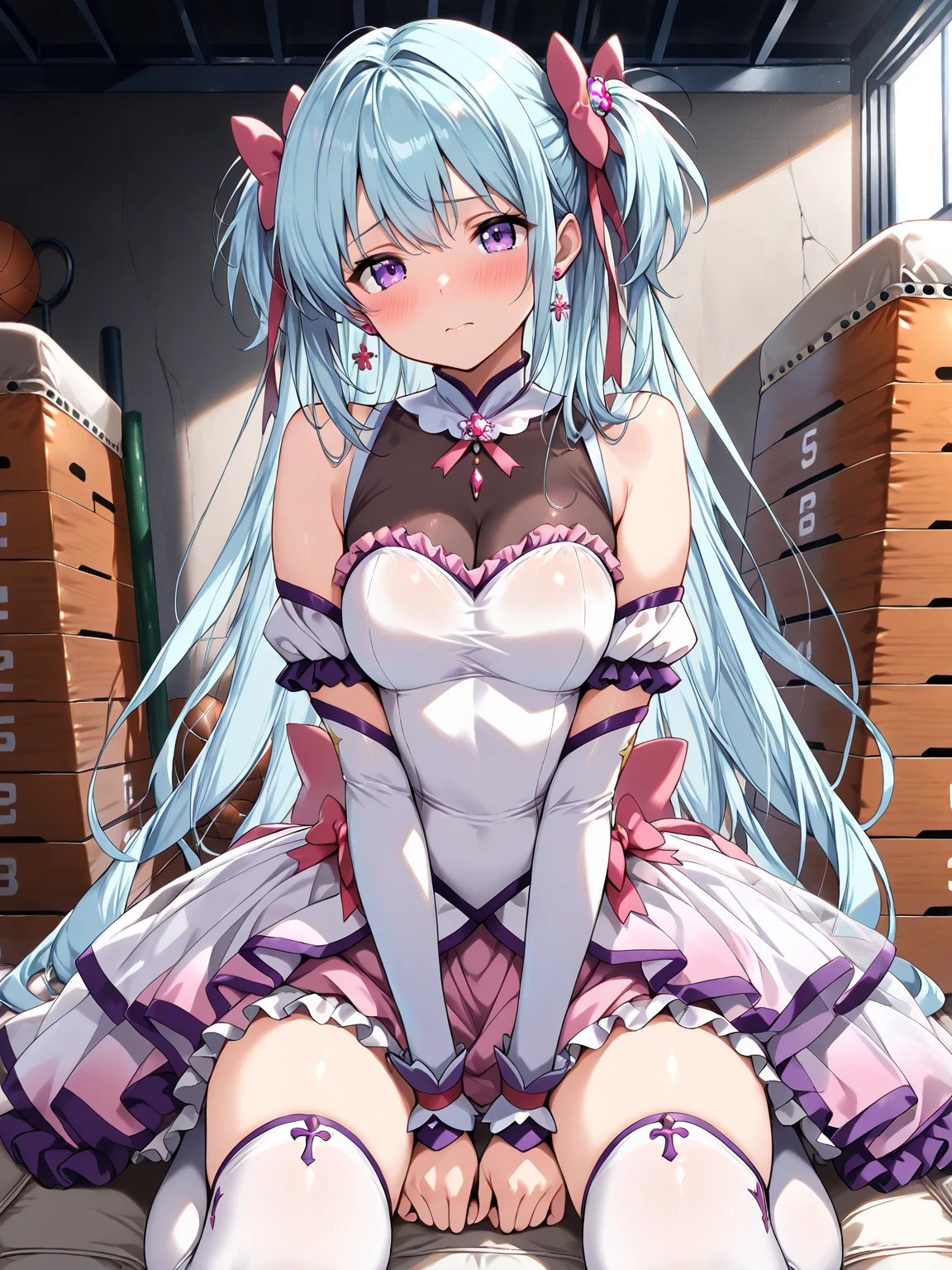 ((masterpiece, best quality, extremely detailed)), 1girl, light blue hair, long hair, purple eyes, hair ribbon, hair ornament, magical girl, frilled dress, sleeveless, detached sleeves, frilled skirt, see-through cleavage, see-through overskirt, white thighhighs, aroused, blush, gym storeroom