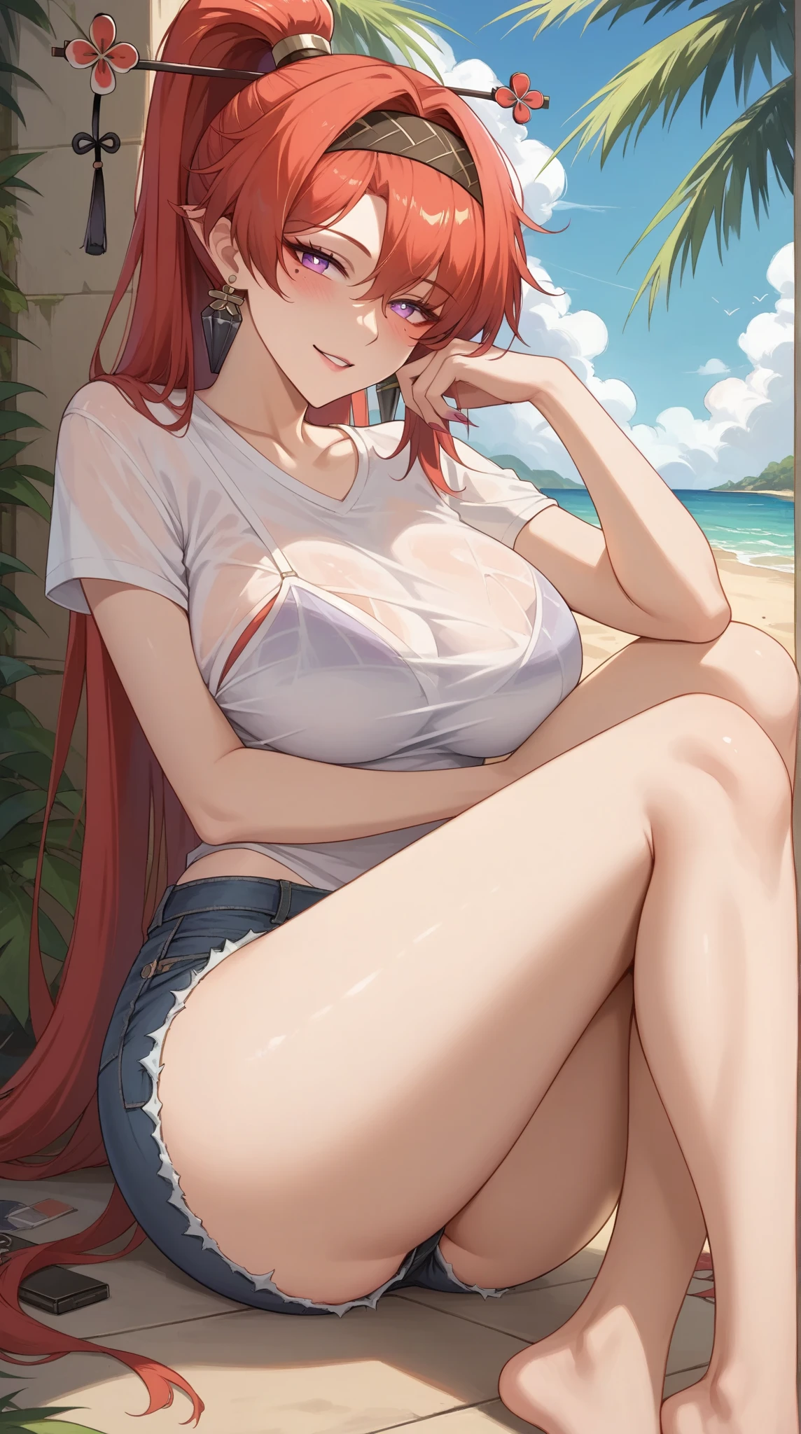 Anime style, Painting, absurderes、perfect anatomia、Hani , azur Bra opened、breasts out、long hair, ‎cleavage, on the beach, see-through, red blush, smile, redhead, red hairs, beach umbrella, deckchair, naked, fully exposed clitoris, exposed , naked breasts, topless, beautiful nipples, long dress, sweating