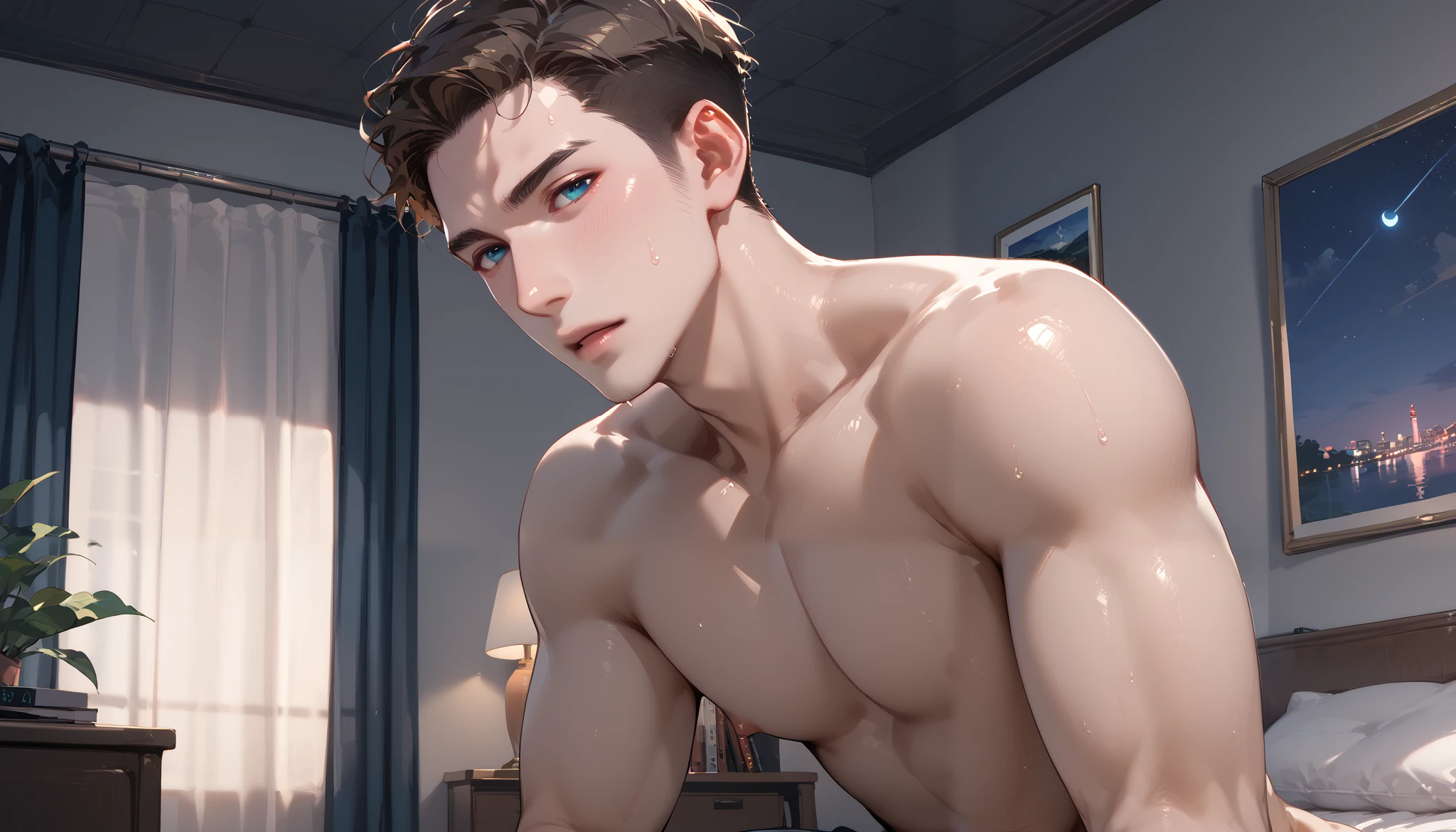 naked、Man with erection、 apartment bedroom、night、 dark room、front