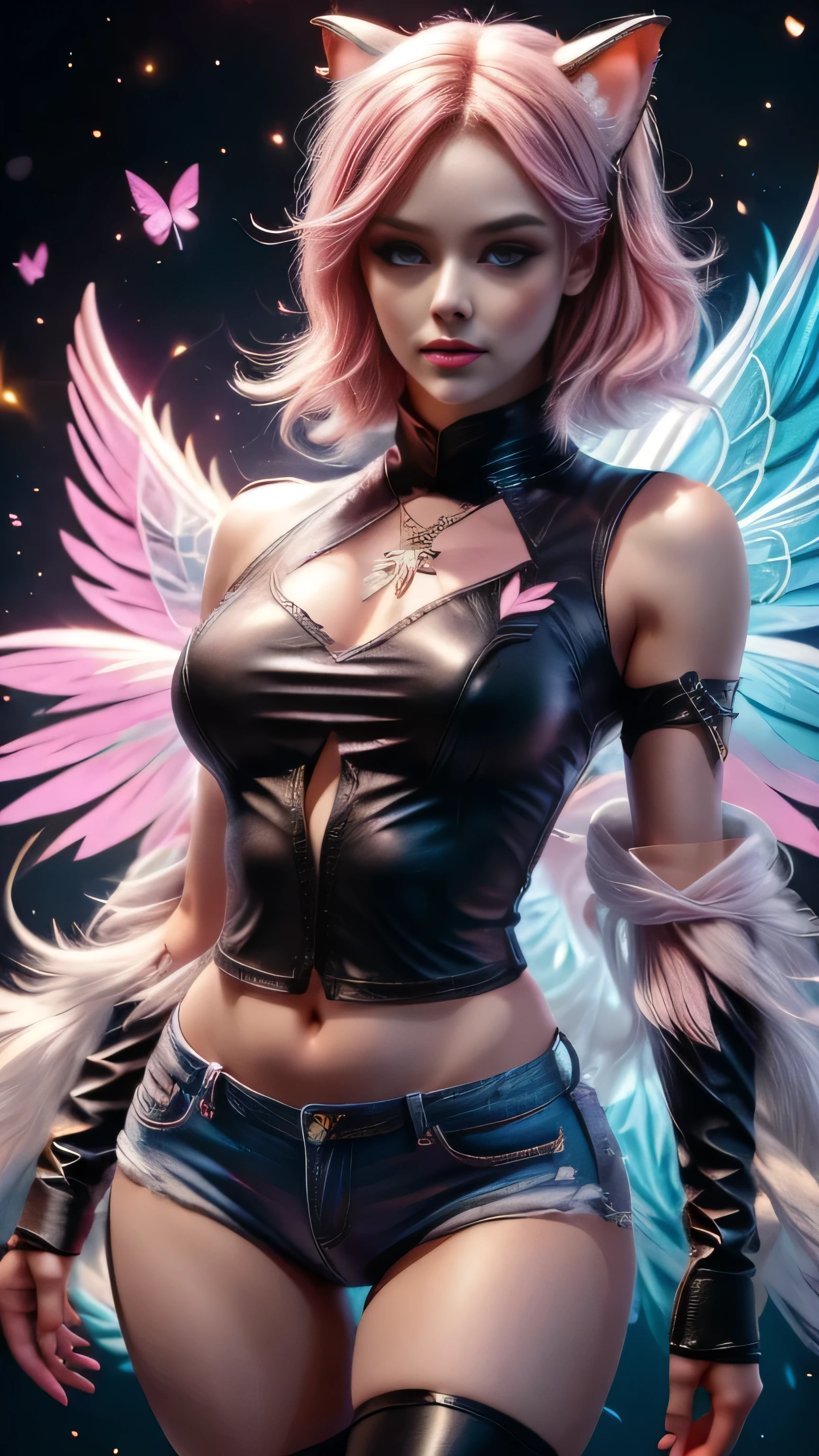 shimmering, sparkling, airbrushed gothic beauty with long black and pink hair in flowing waves, blue eyes, full slim skinny gothic cat girl body, ragged black and pink fluffy wings extending behind her crouching figure, her outfit consists of a pink long-sleeved top with the words "No More Flying" on it, ripped black jeans, pink leather boots, a mottled pink and black background with fluttering feathers, fantastic realism sparkles with unearthly magic