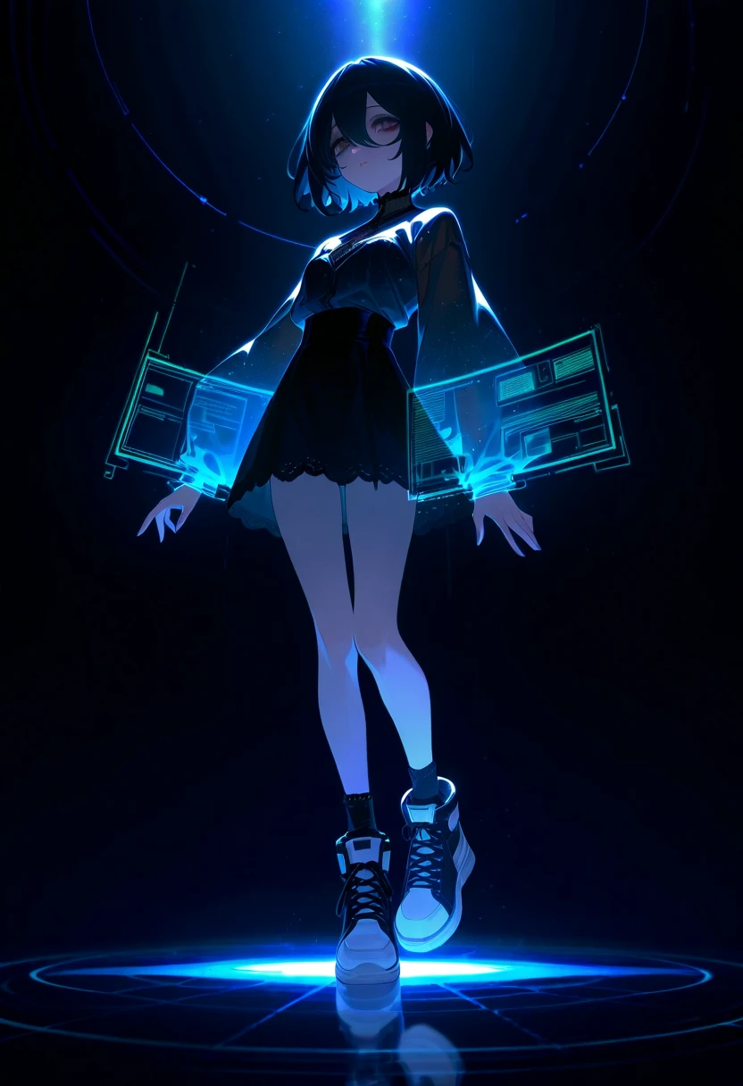 pale devil girl , (( above the waist )), disparo desde muy lejos, (largeeyes, The eyes are delicate and beautiful., Beautiful and delicate face, Full Body Details ), (sombreado de prisma, holographic environment, chromatic:1.2) black lace shirt , gothic background, (long right angle:1.2) Sneakers with socks,