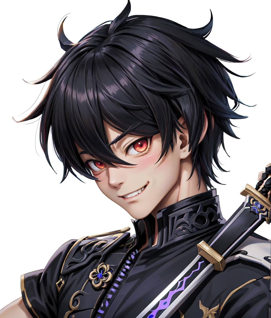 The person in the black shirt holds the sword up, shirow Authentic, Genshin Impactのキャリング, portrait gap moe yandere grim dark, Authentic shiro, handsome man appearing in Demon Slayer Art , Mischievous Smile, shadowverse style , inspired by Okumura Masanobu, Authentic, clear and vivid RPG portrait