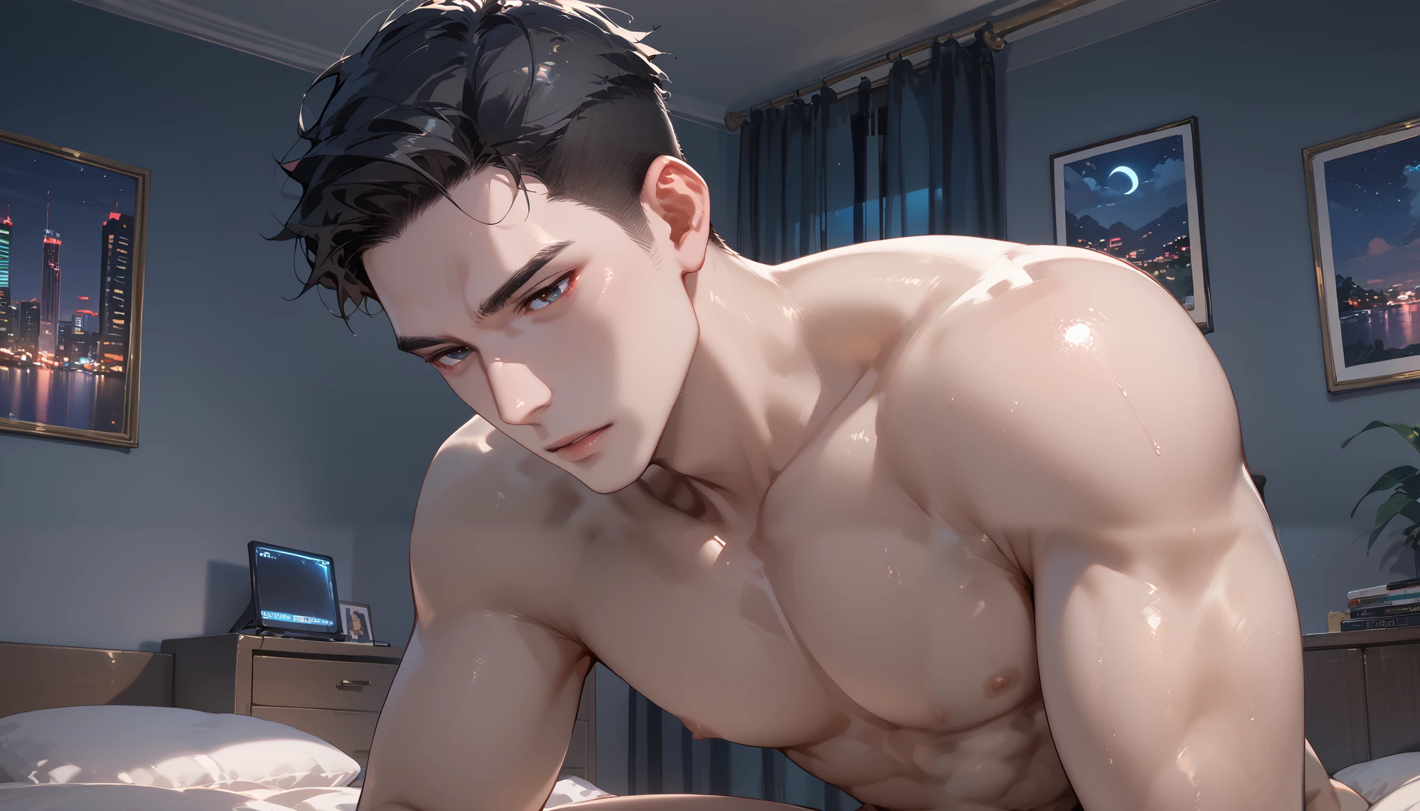 naked、Man with erection、 black hair、apartment bedroom、night、 dark room、front