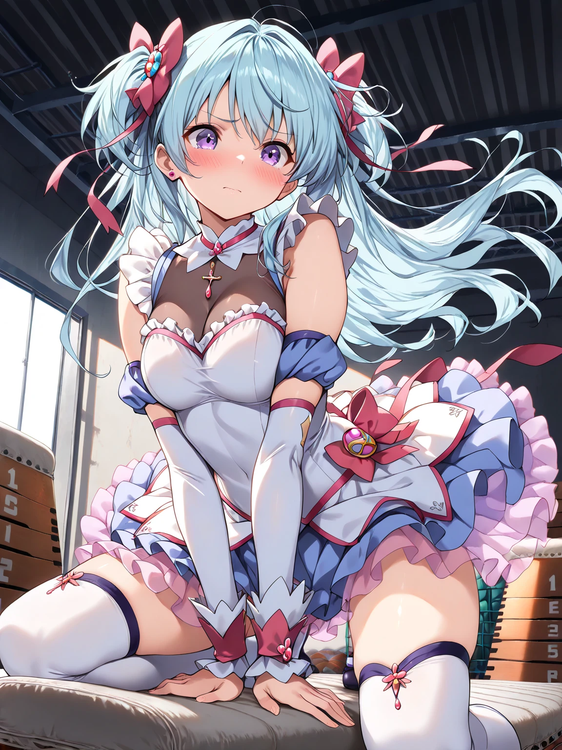 ((masterpiece, best quality, extremely detailed)), 1girl, light blue hair, long hair, purple eyes, hair ribbon, hair ornament, magical girl, frilled dress, sleeveless, detached sleeves, frilled skirt, see-through cleavage, see-through overskirt, white thighhighs, aroused, blush, dynamic pose, gym storeroom