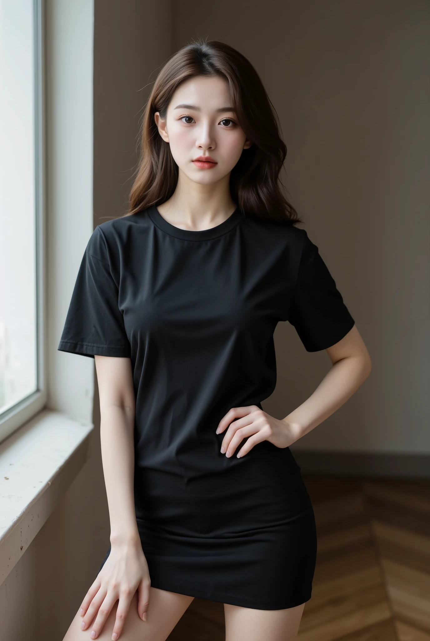 (Highest quality:1.5), (Real:1.4), (Ultra high definition:1.4), (No correction:1.4), (skinny Japanese woman with average size breasts standing front plain background in studio), (A woman wearing black-rimmed glasses), (Very small eyes), (breasts of average size), (Bangs that hide eyebrows), (Long black hair), (Dark personality expression), (Black T-shirt), (Black long skirt), (black hair woman is standing with black T-shirt and black long skirt front plain background in studio), (woman viewed from the front), (Plain background), (Cowboy Shot), (Cold expression), (upright), (A woman with long black hair and glasses)