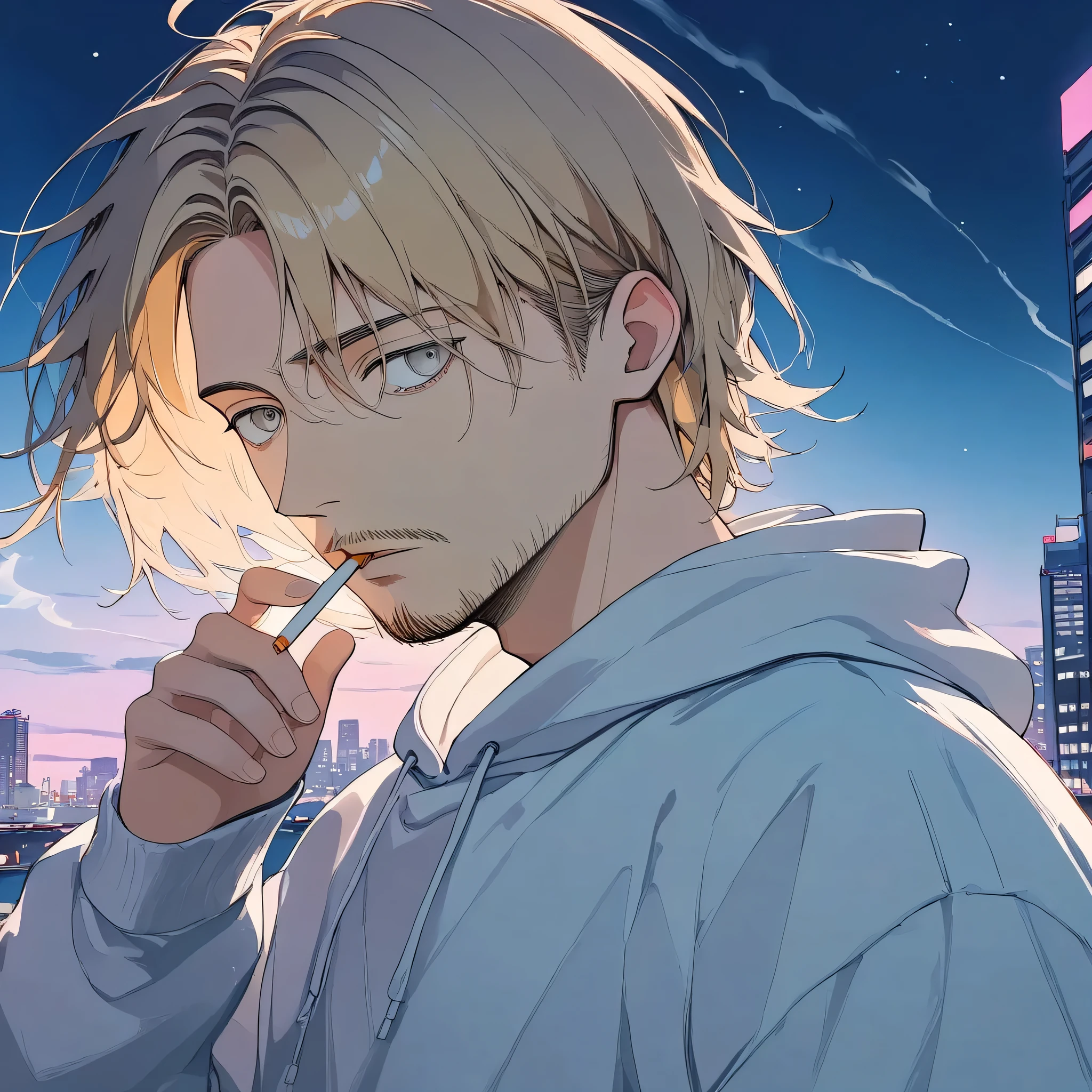 (masterpiece, best quality, ultra-detailed, 8K, high resolution, stunning details), (pastel style:1.2), (watercolor style:1.2), (cinematic lighting), (soft yet realistic shading), (atmospheric depth:1.2),
(Japanese man:1.3), (30s male:1.2), (medium-long blonde hair, center part:1.2), (gray eyes:1.2), (droopy eyes:1.3), (stubble beard), (smoking a cigarette:1.2), (white sweatshirt:1.1),
(slightly behind angle), (gazing into distance:1.2), (melancholic mood), (urban cityscape:1.2), (neon lights at night or sunset glow), (high-rise buildings:1.1), (bokeh effect:1.1), (cinematic composition:1.2)