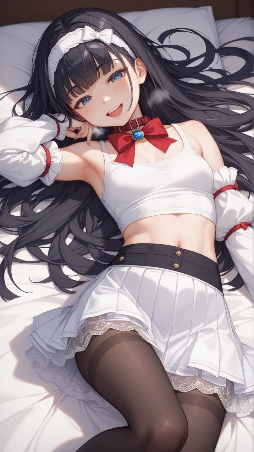Idol, Masterpiece, Top Quality, Beautiful Face, Absurdity, HDR, (Cowboy Shot, White Ruffled Lace Mini Dress, White Collar, White Frill Cuff, Particles: 1.5), (Bloom, Glow: 1.4), (Smile), (Red Color Inhair, Purplish Red Eyes: 1.7), Sharp Focus, Photorealistic, High Resolution, Best Detail, Ultra Detailed, Detailed Face and Eyes, Sharp Pupils, Realistic pupils, sharp focus, shiny skin, (black long hair, black corset: 1), (dark studio, dark background: 1.5), rim lighting, dynamic and cinematic lighting, ((skirt up: 1.3)))), ((white panties visible))),