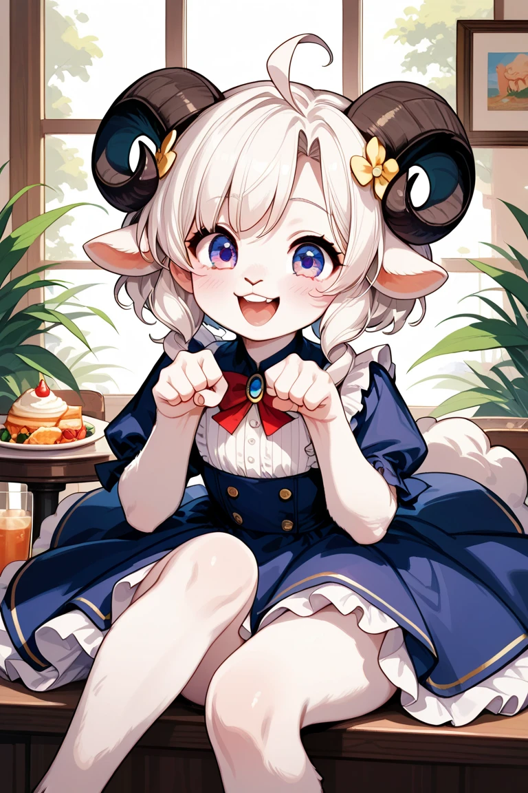 Sheep Girl，female，White ears，Pink Eyes，red eyes，White，individual，Slightly fat，Short legs，Short limbs、Get dressed，cute，Smile，blush，Cafe，daytime