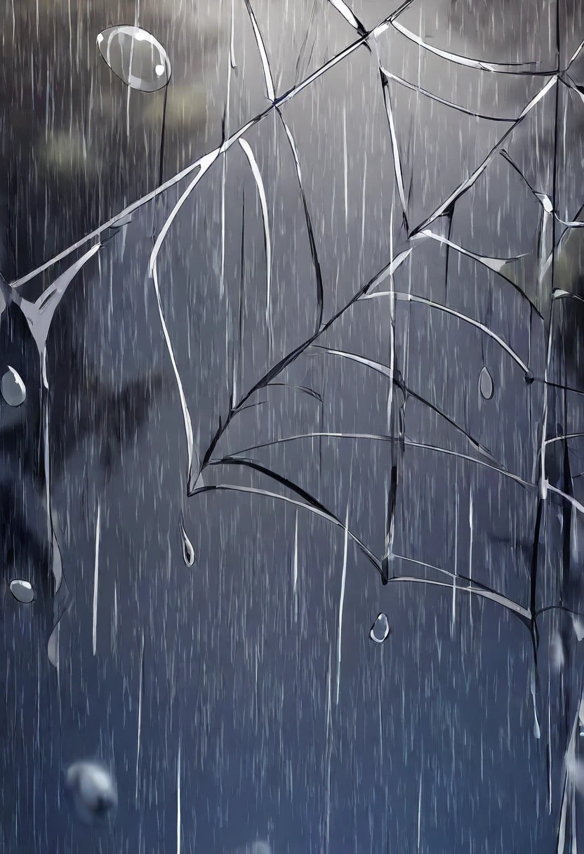 Anime, 8K quality, artwork, theme is "What happens when it rains", lots of rain drops shine on spider web. Beautiful light. Background is blurred.