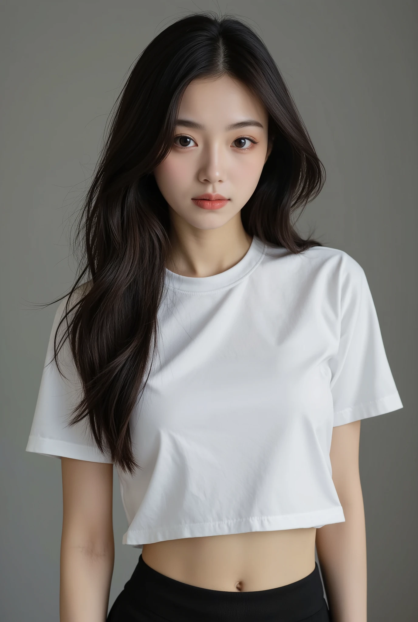 18 years old、( :2), ( slim body:1.5), ( long and thin legs:1.5), ( small in plain black:1.5), high resolution, masterpiece, accurate, TOP QUALITY, high detail, ( super real:1.8),(white t-shirt:1.5),( :1.5),