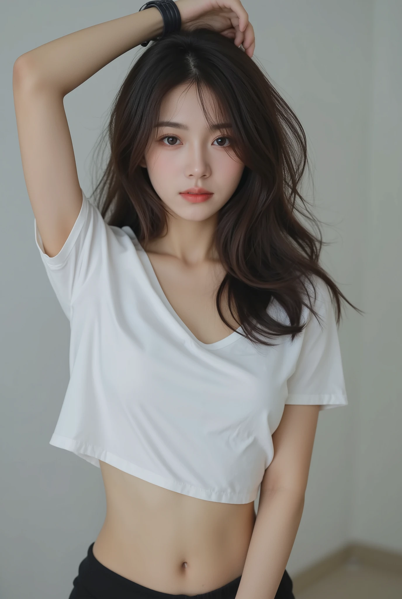 18 years old、( big breasts:2), ( slim body:1.5), ( long and thin legs:1.5), ( small ass in plain black:1.5), high resolution, masterpiece, accurate, TOP QUALITY,  high detail, ( super real:1.8),(white t-shirt:1.5),( no bra:1.5),