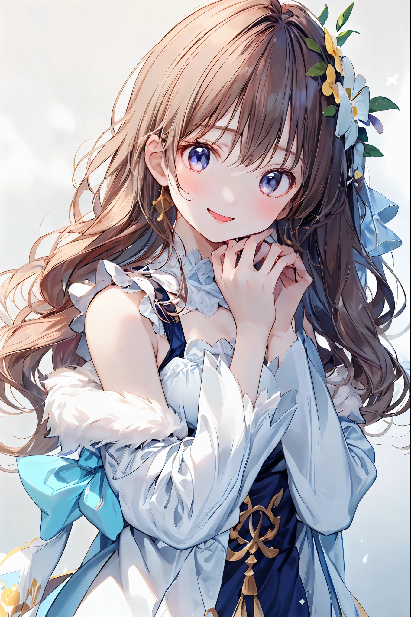 girls on the left、 white background、Background、カールした long hair、 long hair、 curly hair、Contrasting bangs、brown hair on both arms、Sparkling eyes 、 Highlights、flower、Flower crown 、 I have flowers on my hair、 fluffy、、All hairstyles、、smile、cute、Background