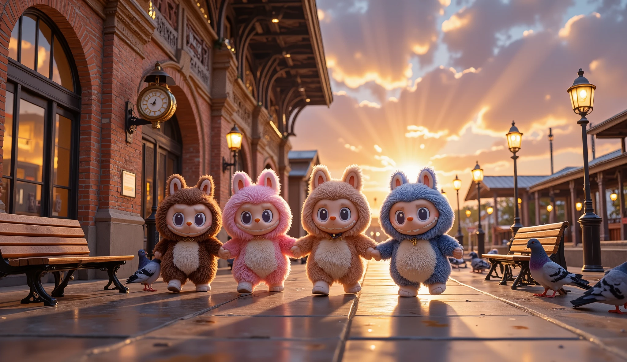 "Labubu with brown, pink, purple, and blue fur walk hand in hand, their small feet stepping in unison as they move through the train station. Their round eyes sparkle with excitement, reflecting the golden hues of the setting sun. Each Labubu carries a cheerful expression, their soft fur slightly tousled by the warm evening breeze.
The train station is alive with the quiet charm of the late afternoon. Behind them, the grand entrance of the station stands tall, its large arched windows glowing with the soft light of the sunset. The brick walls, aged yet sturdy, add a sense of nostalgia to the scene. A classic station clock, mounted high above the main doors, ticks steadily toward the evening hour. The polished stone floor beneath them reflects the golden light, casting soft shadows of their tiny bodies.
To the side, empty wooden benches line the platform, their surfaces worn smooth from years of travelers resting upon them. Vintage lampposts, still unlit, stand tall along the walkway, ready to illuminate the station as night approaches. Pigeons flutter about, some pecking at the ground while others perch atop the station’s metal beams, watching the scene unfold.
Above, the sky is painted in a breathtaking blend of orange, pink, and purple, stretching endlessly toward the horizon. Wisps of clouds drift lazily, their edges glowing under the sun’s last rays. A distant train whistle echoes softly, blending with the gentle rustling of the wind.
The four Labubu continue walking, their hands firmly clasped together, their steps light and full of excitement. The warmth of friendship radiates between them, their journey through the station marked by laughter and anticipation. As they move forward, the world around them fades into the beauty of the evening, a perfect moment captured in time."
