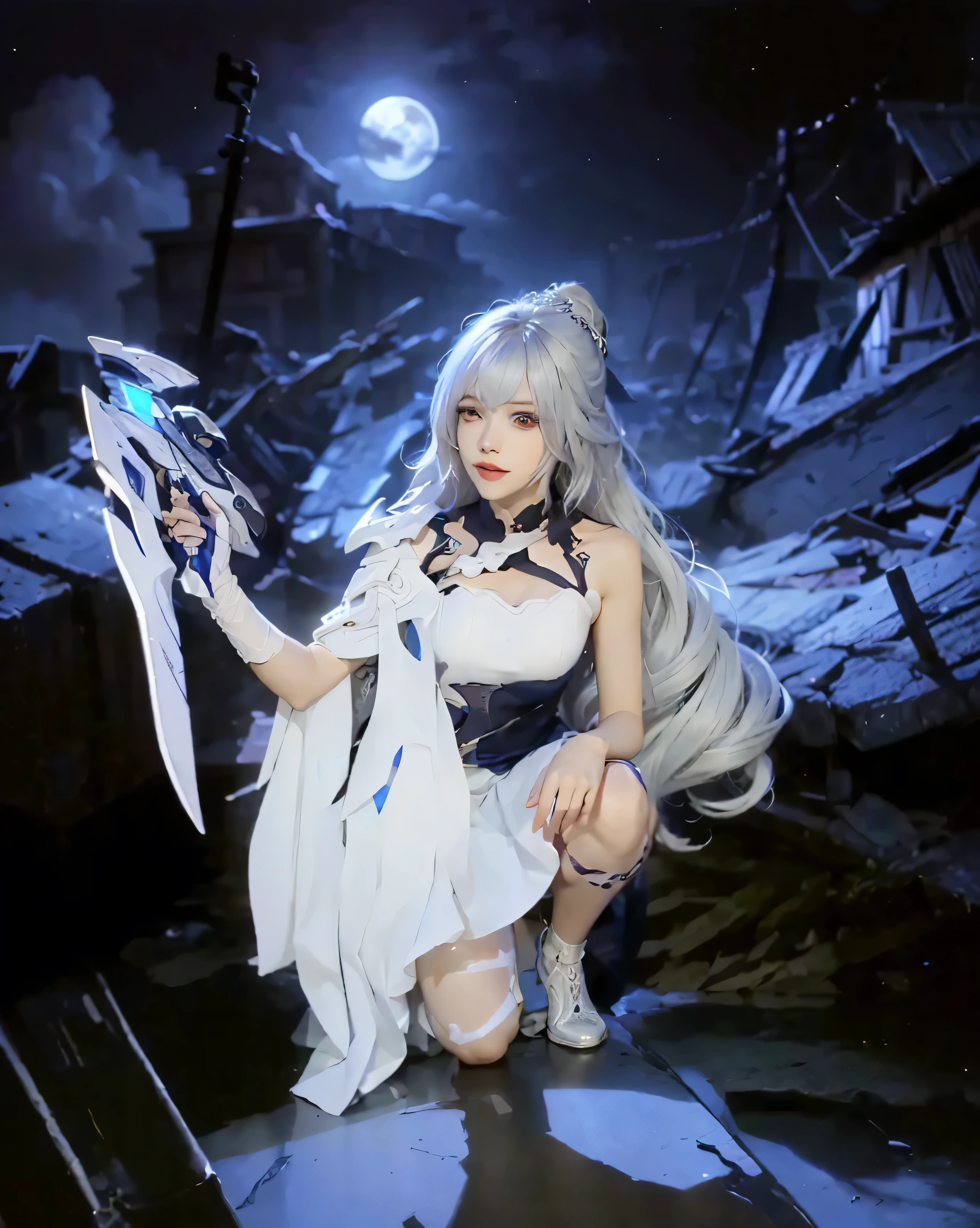 ((SILVERWINGS_HONKAI IMPACT 3RD)),((realistic, photorealistic)),(highlight hair)), Light reflection, (( HD )),((upper body)), (((best quality, masterpiece))), (masterpiece) (best quality) (detail) (8k) (HDR) (wallpaper) (cinematic lighting) (sharp focuasterpiece, best quality: 1.1), Real life adaption of this character, realistic outfit, realistic shadow, realistic light, realism, hyper realistic, realistic background,realistic hair,(photorealistic:1.2), (masterpiece: 1.2), (best quality: 1.3), (clear details: 1.3), ((((ultra-detailed)))), ((detailed eyes)), (extremely detailed face:1.4), (highly detailed eyelash:1.6), 1girl, (Realistic painting style:0.9), masterpiece, best quality, absurdres, looking at viewer, solo, bronya zaychik (silverwing n-ex), bronya zaychik, red pupils, 1girl, solo, breasts, long hair, dress, grey hair, cleavage, looking at viewer, smile, closed mouth, bangs, grey eyes, jewelry, single glove, white dress, gloves, bare shoulders, sleeveless dress, drill hair, sleeveless, single sleeve, hair between eyes, large breasts, twin drills, white sleeves, hair ornament, single pauldron,Background of destruction, night shadows, full moon, moonlight,Holding a weapon,(perfect hands, perfect anatomy)
