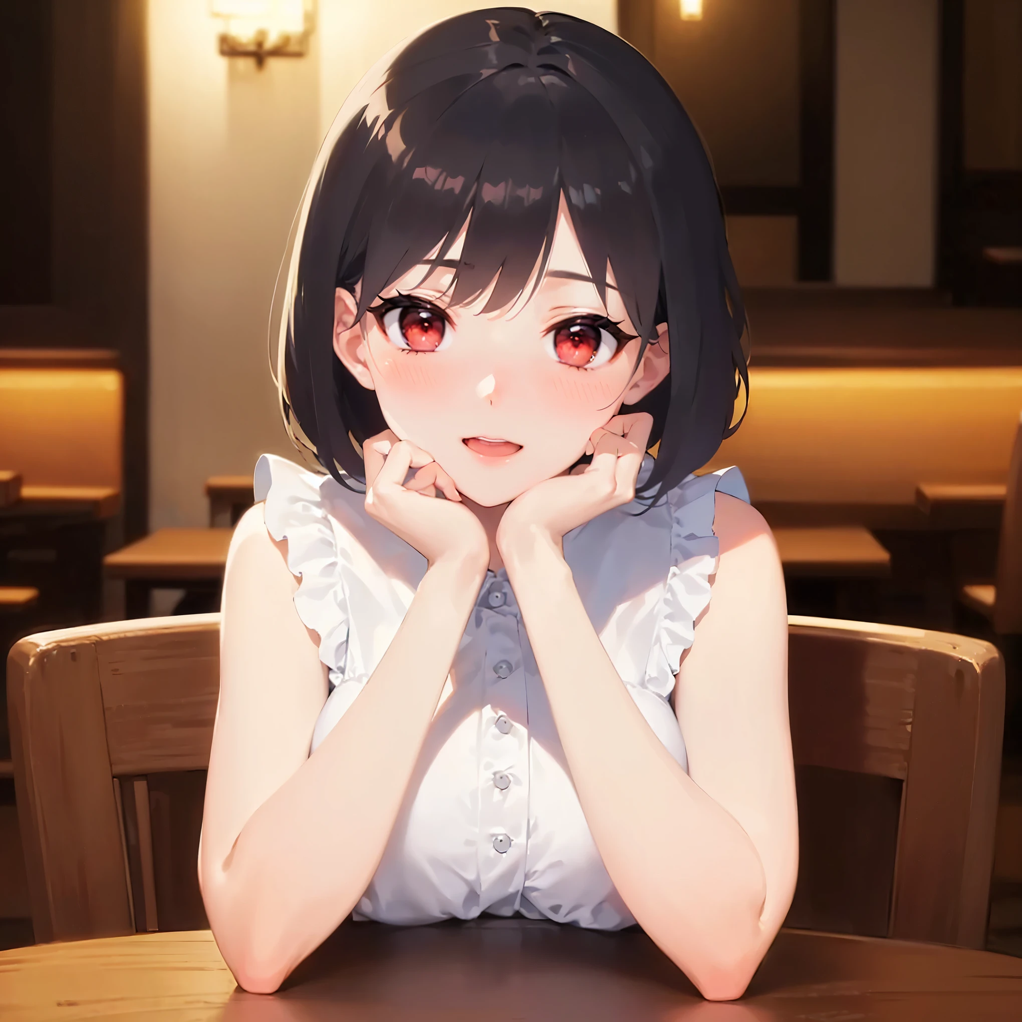 (at night:1.5), masterpiece, best quality, detailed, Masterpiece, Great detailed pictures, RAW photo, photorealistic, Realistic, real person, sitting, hands on own chin, table, (pale skin: 1.2), shiny skin, shiny hair, (25 year old woman) and (bob cut) and (black hair) and (red eyes) and (half closed eyes:1.1), BREAK (white) and (Sleeveless ruffled collared dress) BREAK smile, (blush:1.3), open mouth, inside a restaurant, alone,