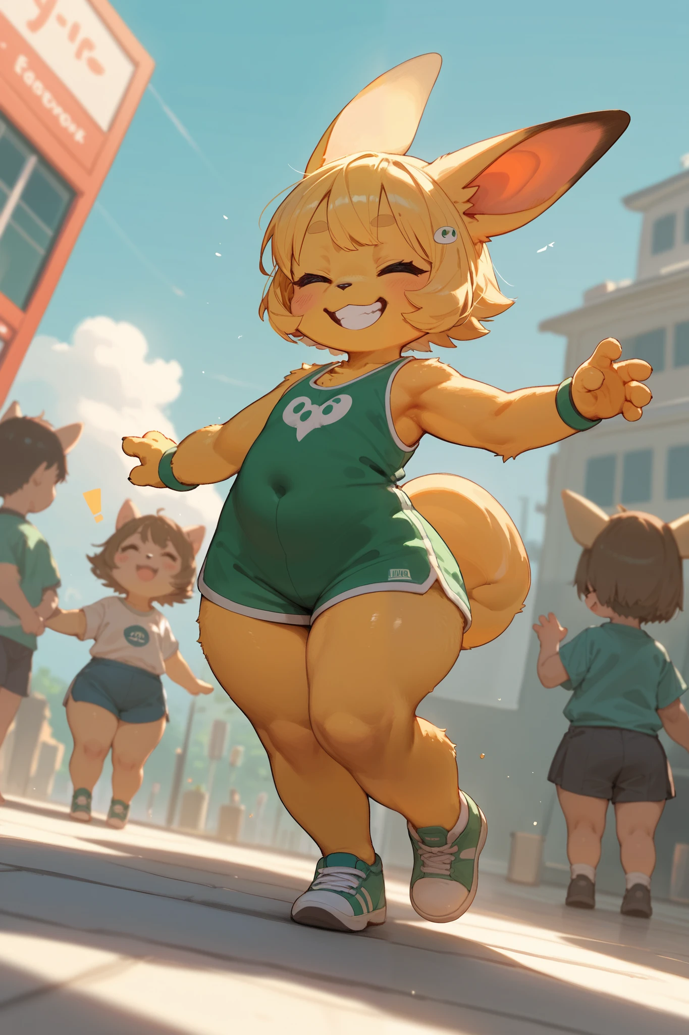 High-definition face , furry Gazelle girl , round face , (tilt face:1.2) , moist eyes , (Swollen cheeks:1.2) , glossy lips , flat chest , Lower back swelling , tight fit gym wear , harf gym shorts , barefoot , Sprinting in the marathon , (motion blur) , rear Bokeh