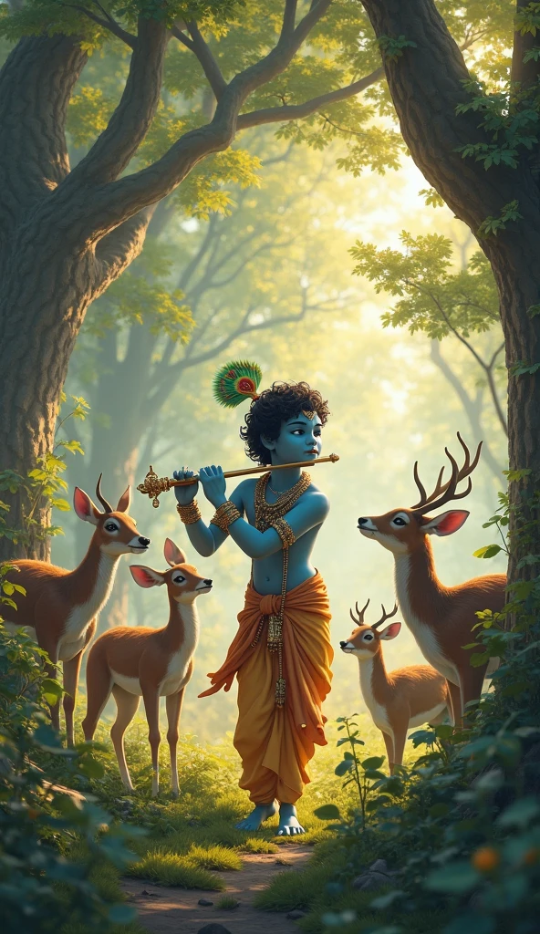  children  Krishna sitting under a tree playing flute, a lot of cow calves, peacocks,Birds and children friend sit  around little Krishna.