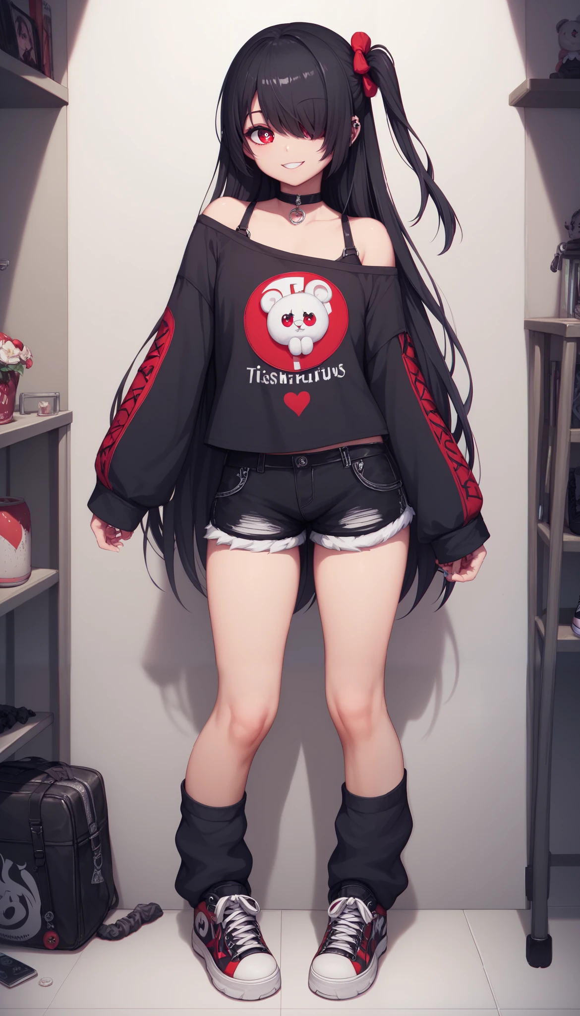 (Best Picture:1.2), (Best Quality:1.3), Masterpiece, highest quality, full body, standing, finely detail, detailed face, 1girl, ai hoshino, long hair, bangs, hair over one eye, red eyes, black hair, one-side up, symbol-shaped pupils, gothic fashion, off-shoulder top, long sleeves, shorts, leg warmers, big shoes, sneaker shoes, black choker, gothic girl, smile