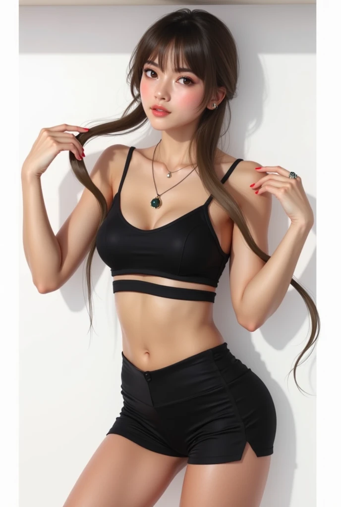 NSFW, casual outfit, street style, transparent black short pants, Plump Goddess, showing armpit, black transparent croptop, braless, taken with canon 5d mk4, multicoloured hair, wolvy hair