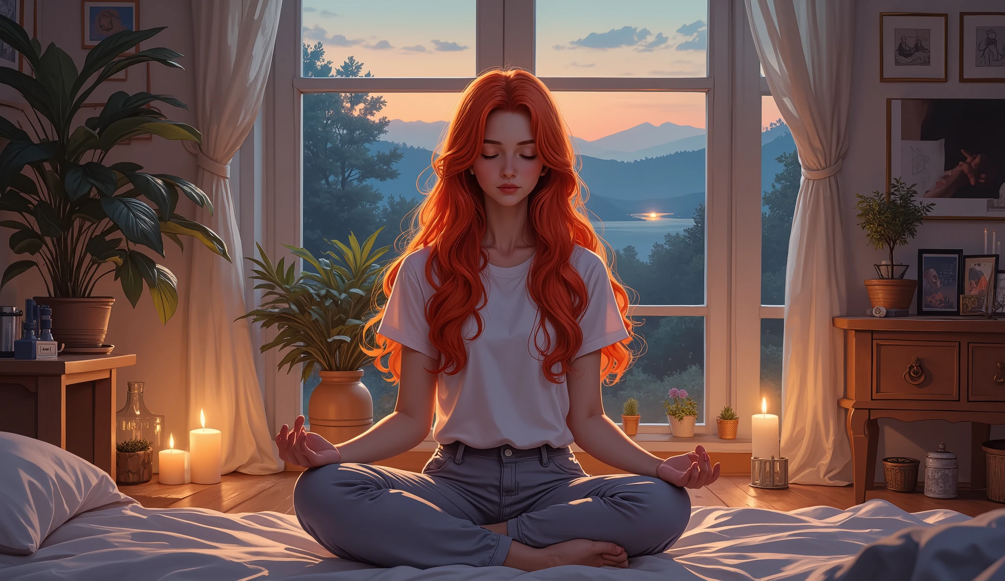 Girl with long red hair meditating in her room, sleep, night lighting, Evening landscape, Analog color theme, Lo-fi hip hop,